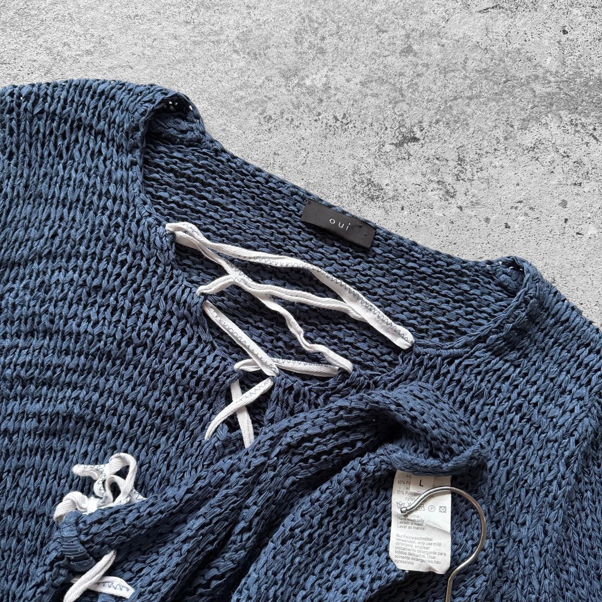 Designer Oui Womens Navy Blue Knit Lace Up Sweater Pullover Acrylic Size L / US 10 / IT 46 - 3 Thumbnail