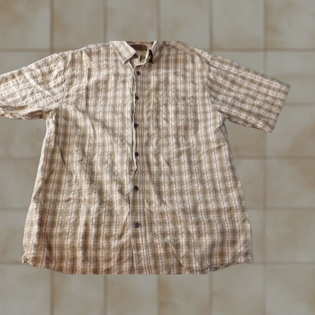 Vintage Morgan Creek Shirt Mens Medium Beige Plaid Button-Up Casual Short Sleeve Collared Knit Cotton Logo Pockets Classic Regular American Size M Size US M / EU 48-50 / 2 - 1 Thumbnail