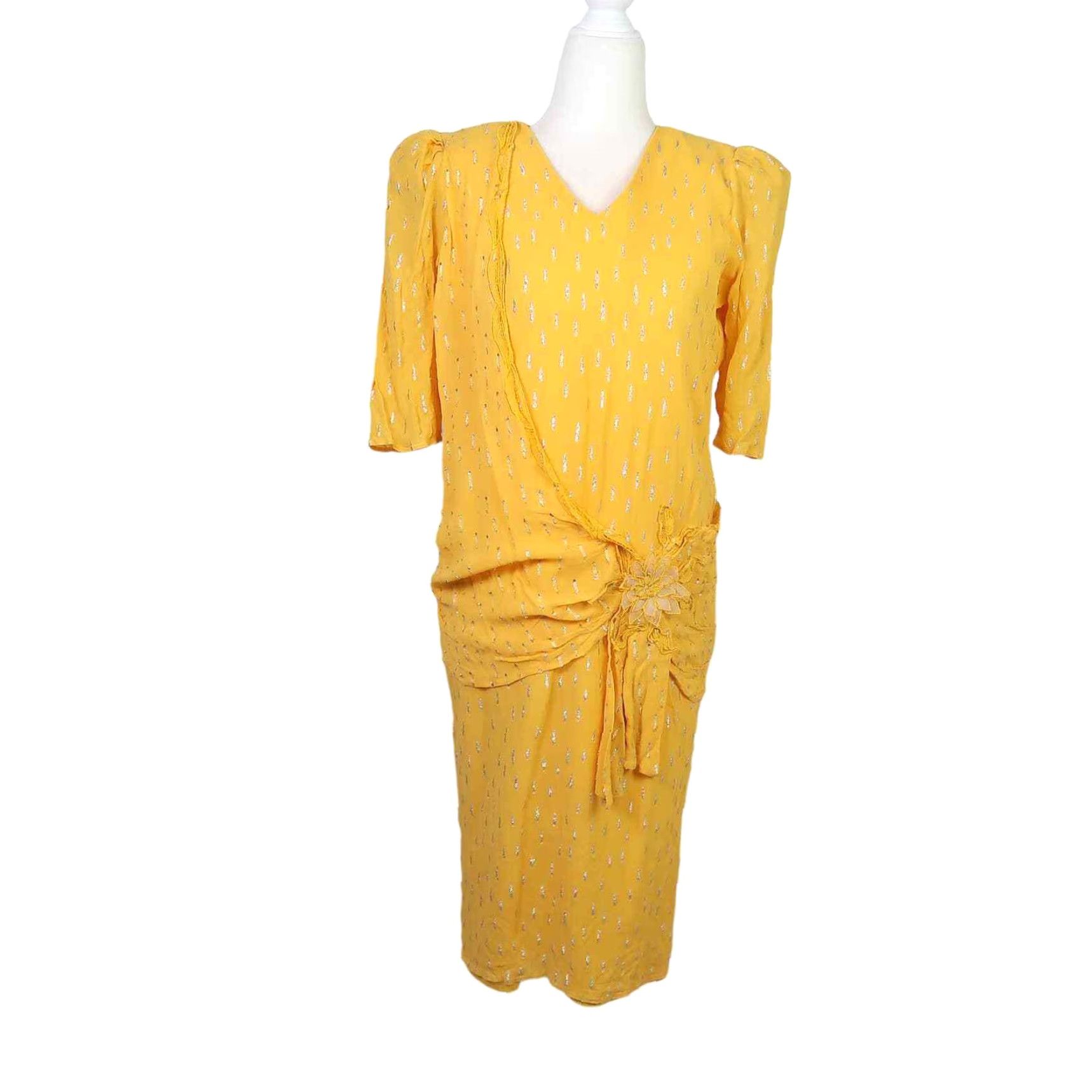 Vintage VINTAGE 80s Yellow Silk Metallic Silver Midi Party Dress Women's M Cocktail Eveningwear Size M / US 6-8 / IT 42-44 - 2 Thumbnail