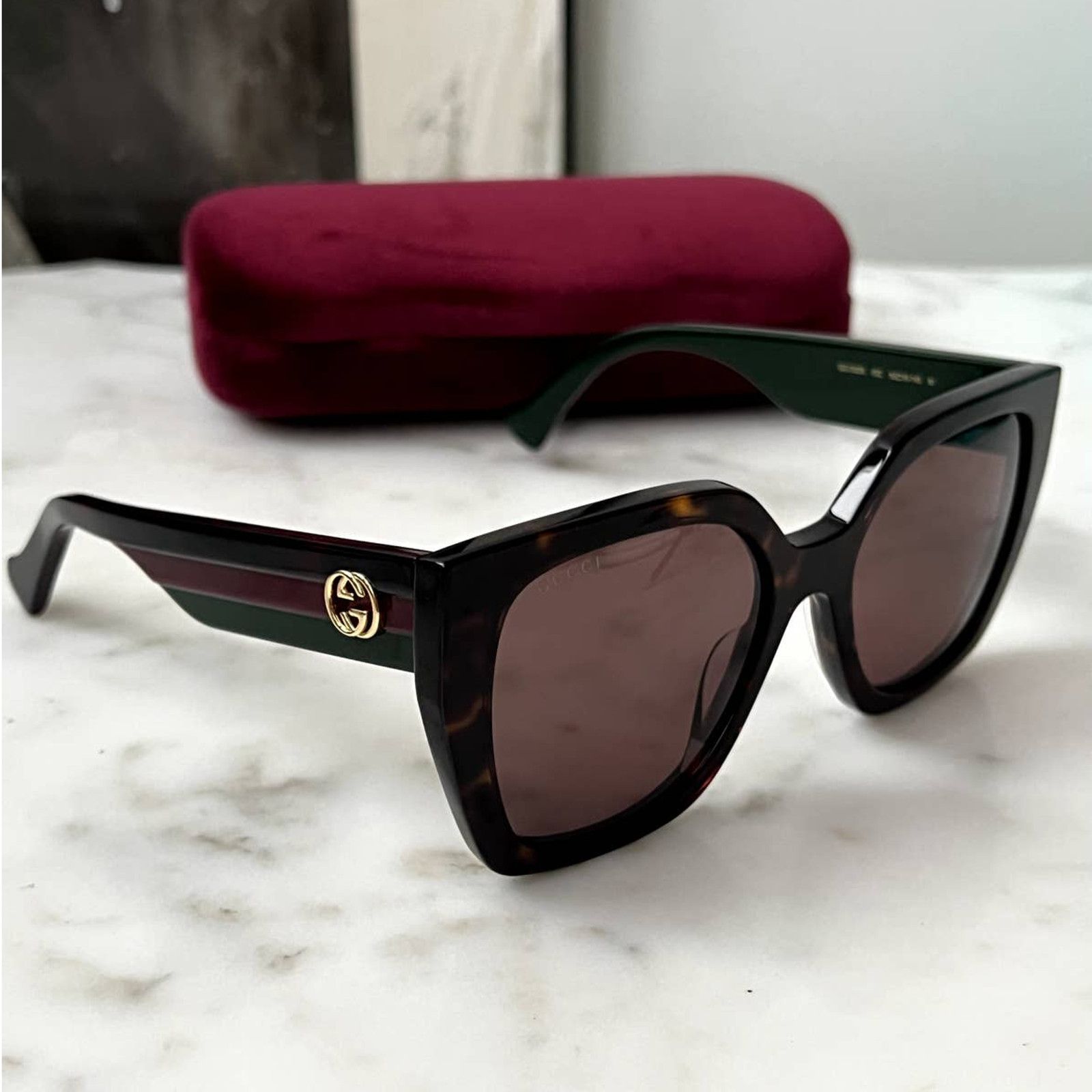 image of New Gucci Gg1300S Havana Brown Square Sunglasses, Women's