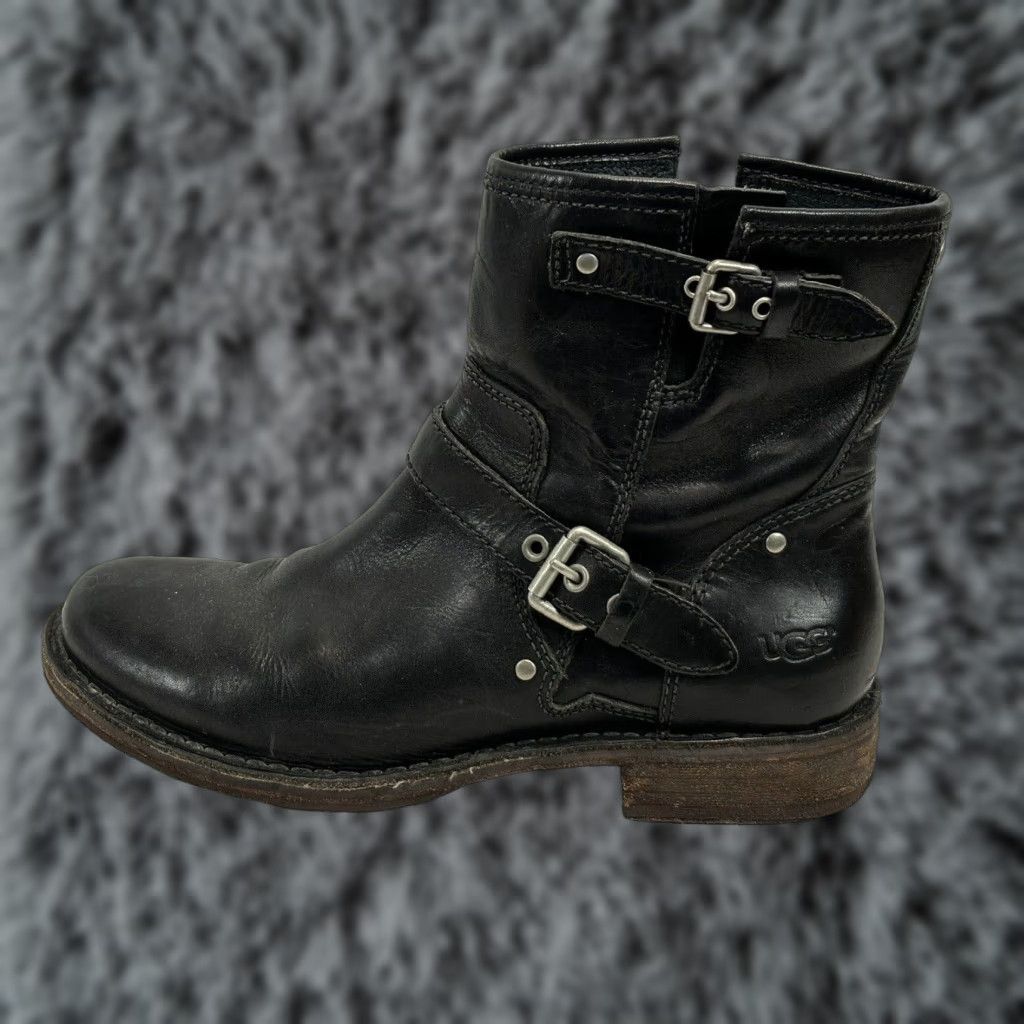 Ugg UGG Boots Women 7.5 Leather Moto Combat Ankle Black Sheepskin Lined Size US 7.5 / IT 37.5 - 1 Thumbnail