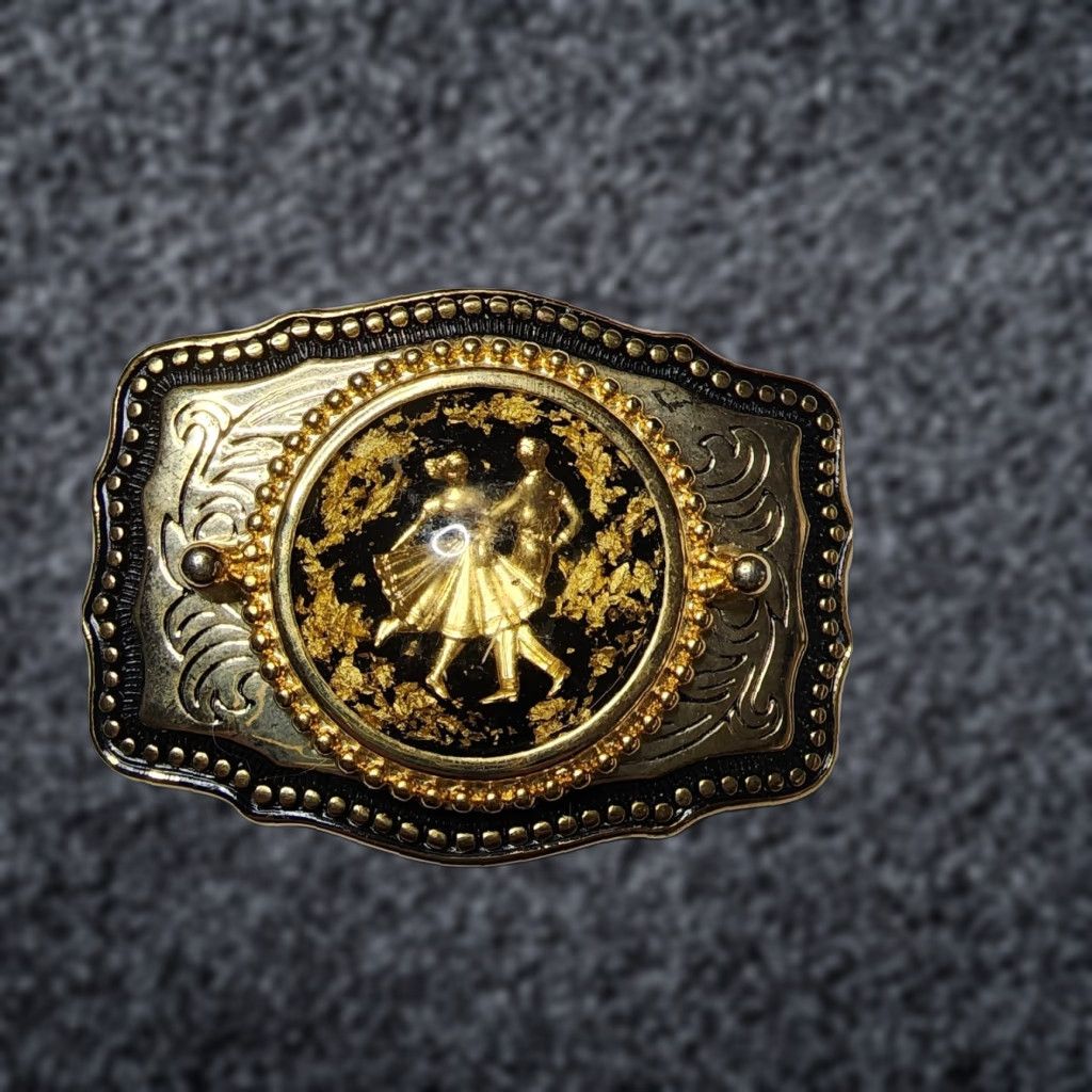 Vintage VINTAGE Belt Buckle Square Dance Gold Flakes Real Gold Vintage Gold-Leaf Buckle 60s 70s 80s Preowned Mens Womens Accessories Size ONE SIZE - 1 Thumbnail