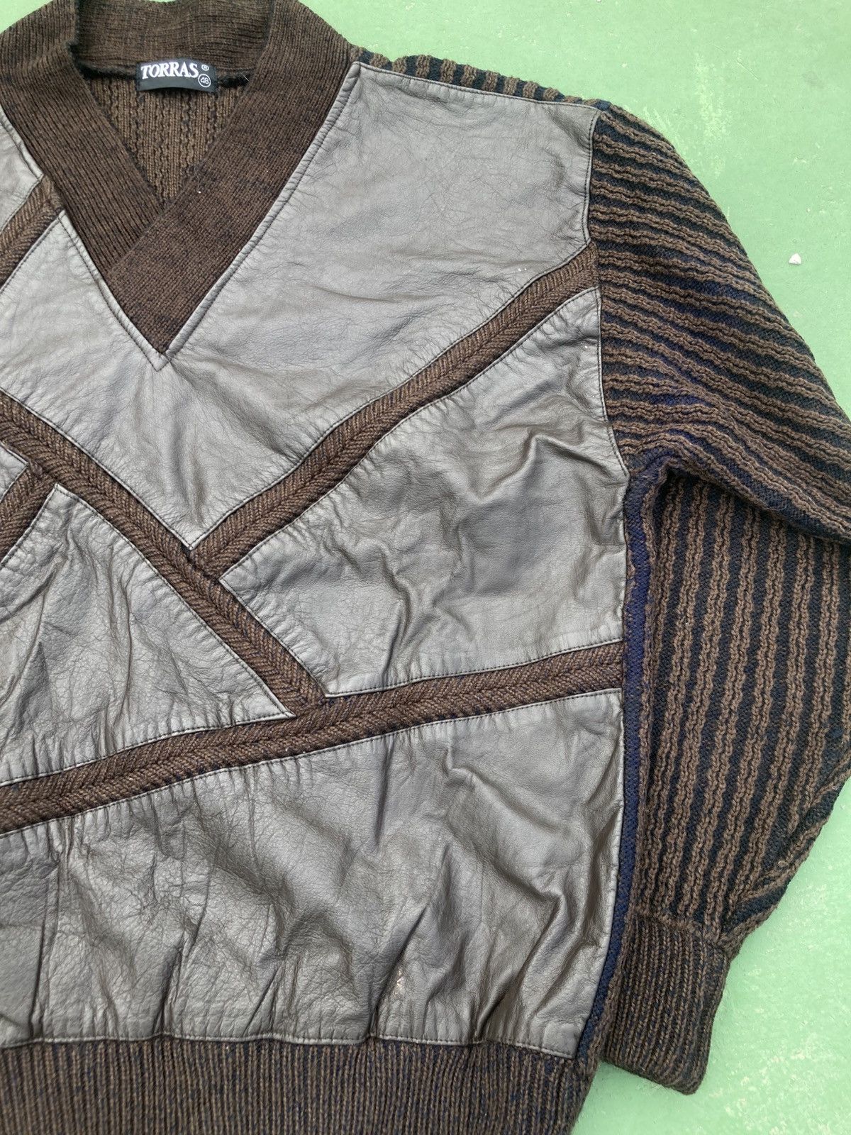 Torras Vintage Torras Spain V-Neck Knitwear Patchwork Leather Size US L / EU 52-54 / 3 - 6 Thumbnail