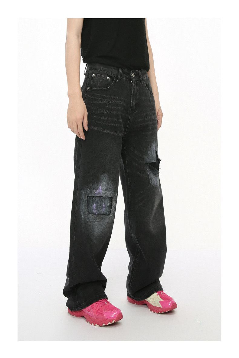 Japanese Brand × Jean Street vintage patchwork ripped straight black jeans Size US 32 / EU 48 - 4 Thumbnail