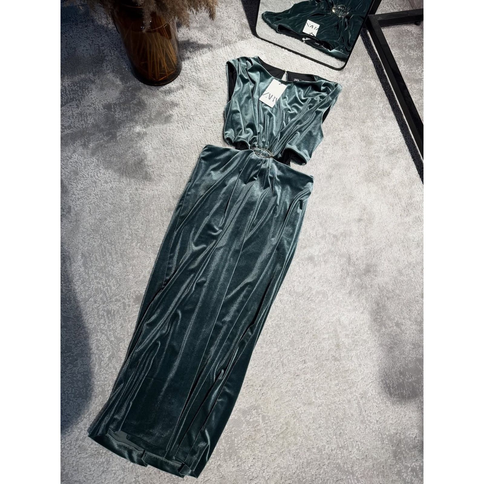 zara green cut out dress NEW Zara Khaki Olive Green Silky Satin Cutout Long Sleeve Midi Maxi Dr –  Brie main image 1