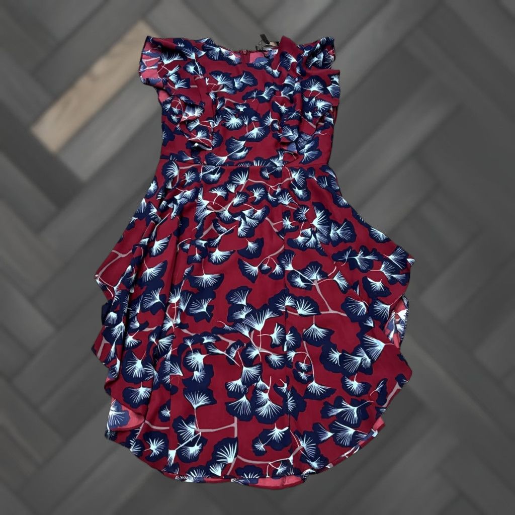 Bcbgmaxazria BCBGMAXAZRIA Dress Slim A-Line NWOT Burgundy Christiania Ginkgo Leaf Ruffle Overlay Midi Sleeveless Flutter Sleeve Round Neck Zip Size 8 Women’s Size M / US 6-8 / IT 42-44 - 1 Thumbnail