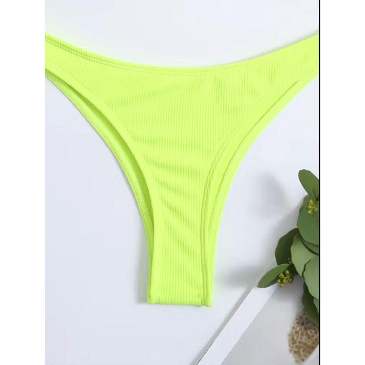 Other Athletic Style Rib Knit High Cut Thong Bikini Neon Yellow Size ONE SIZE - 4 Thumbnail
