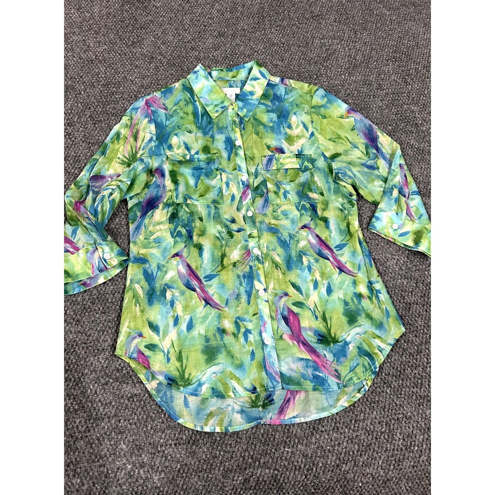 Vintage Chico's Shirt Womens 0 Green Bird Tropical Print Button Front 3/4 Sleeve Top Size XS / US 0-2 / IT 36-38 - 3 Thumbnail