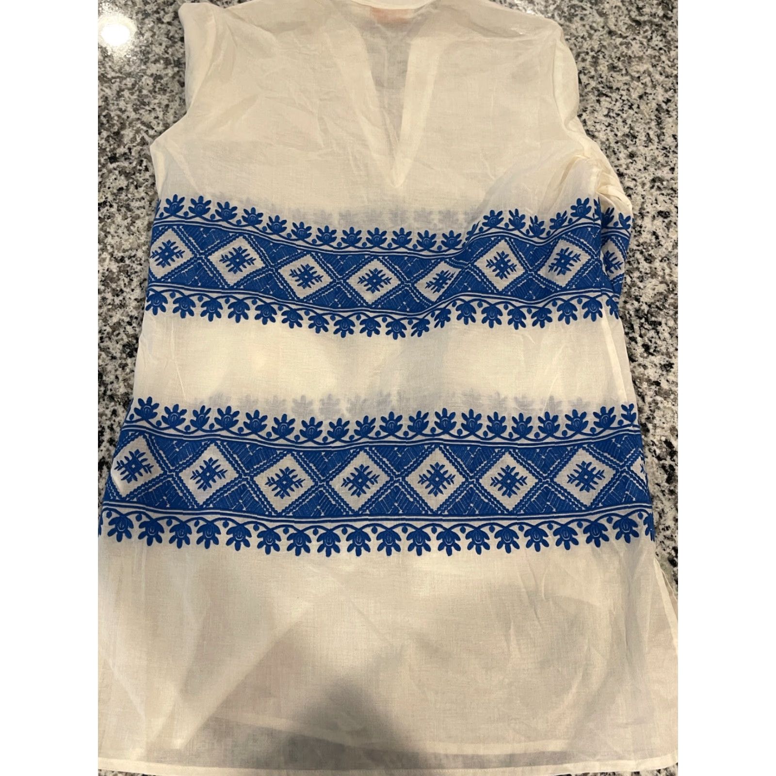 Tory Burch Tory Burch Blouse Tunic Top XS Ivory Blue Embroidered Stephanie Geometric Long Sleeve Women Size XS / US 0-2 / IT 36-38 - 6 Thumbnail