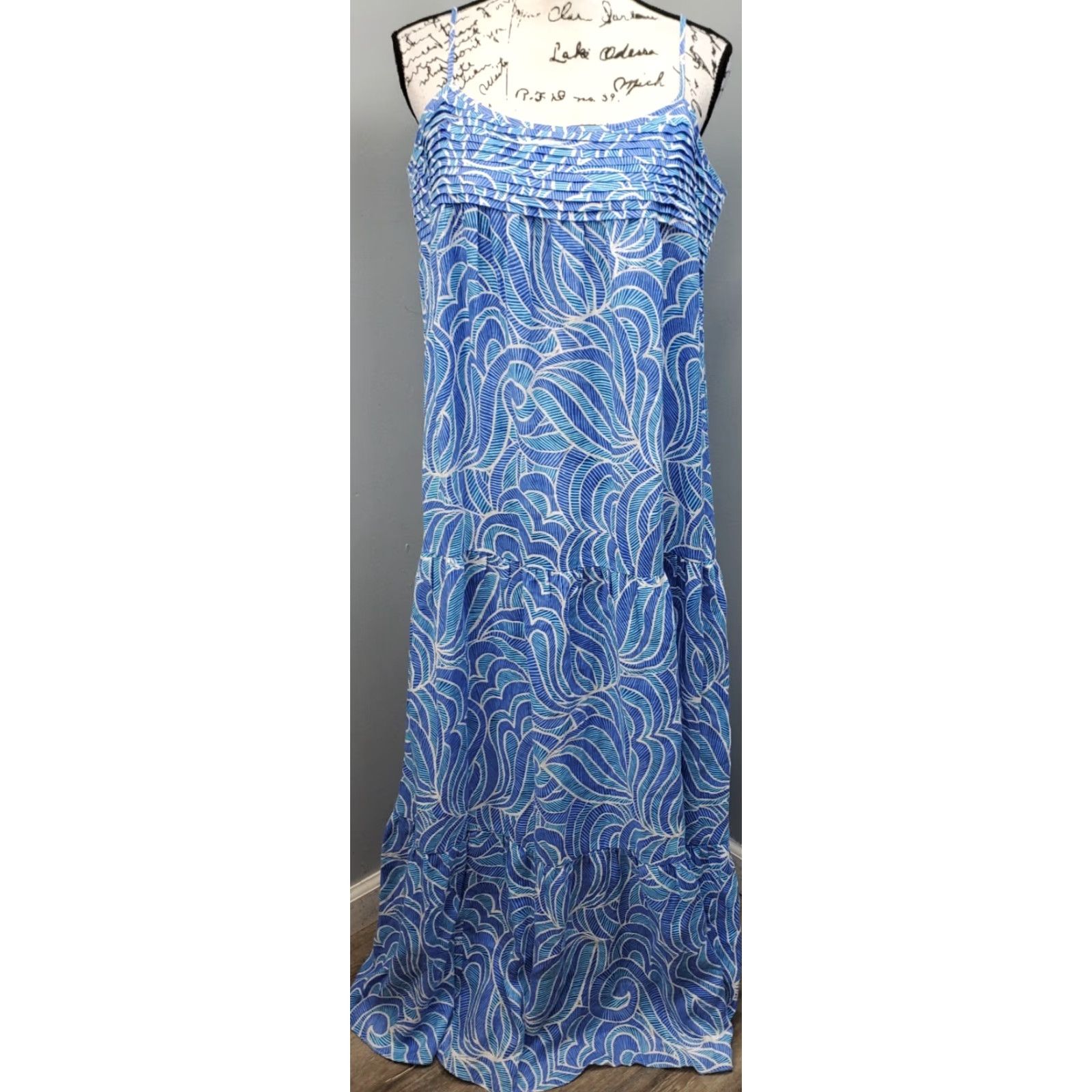 J. McLaughlin Paris Maxi Dress Womens L Blue & White Geti Swirl Tiered Hem  Dress
