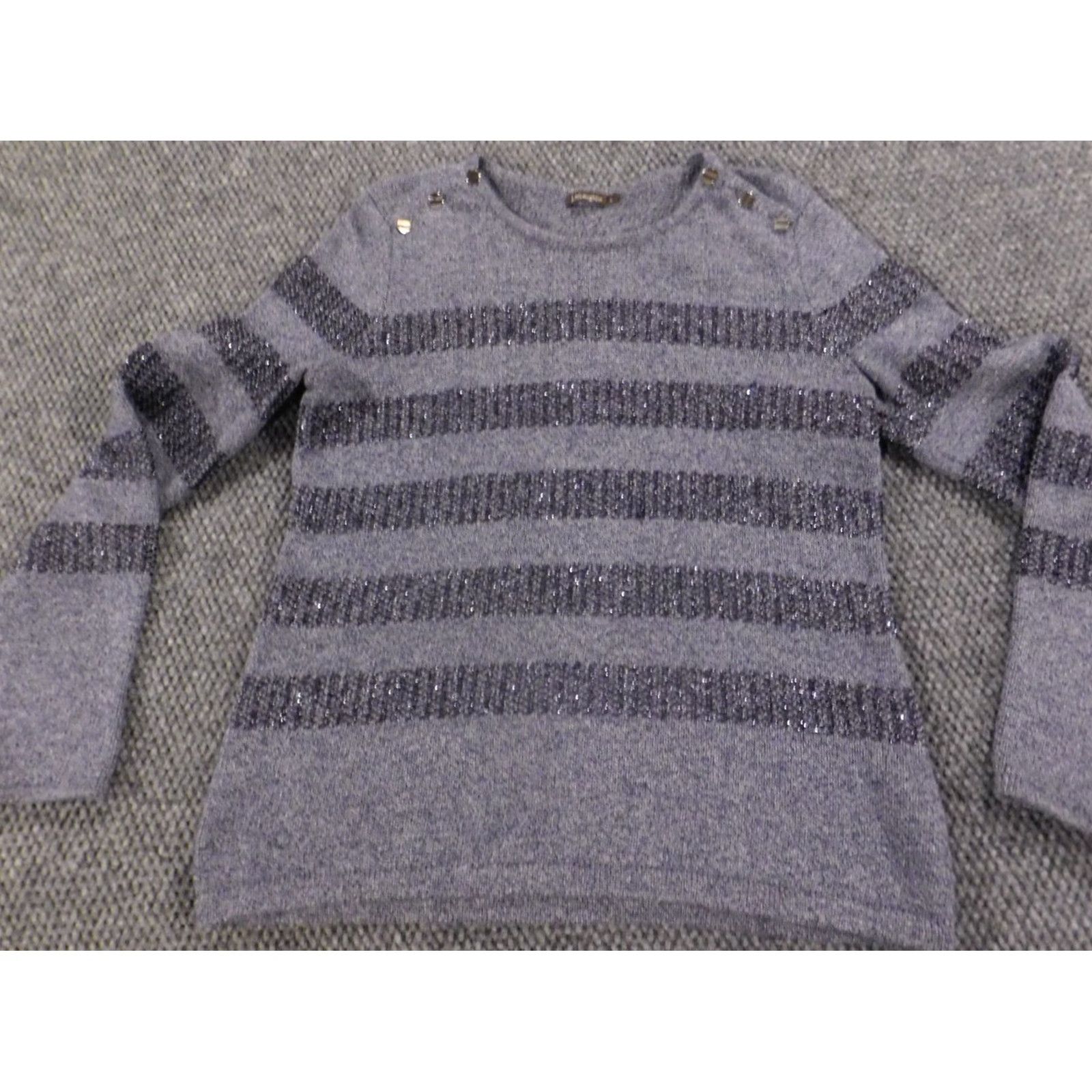 J.McLaughlin J. McLaughlin Womens Sweater Small purple Pullover striped crewneck Knit Stretch Bow Button Raglan Sleeve Christmas Womens Size S / US 4 / IT 40 - 2 Thumbnail