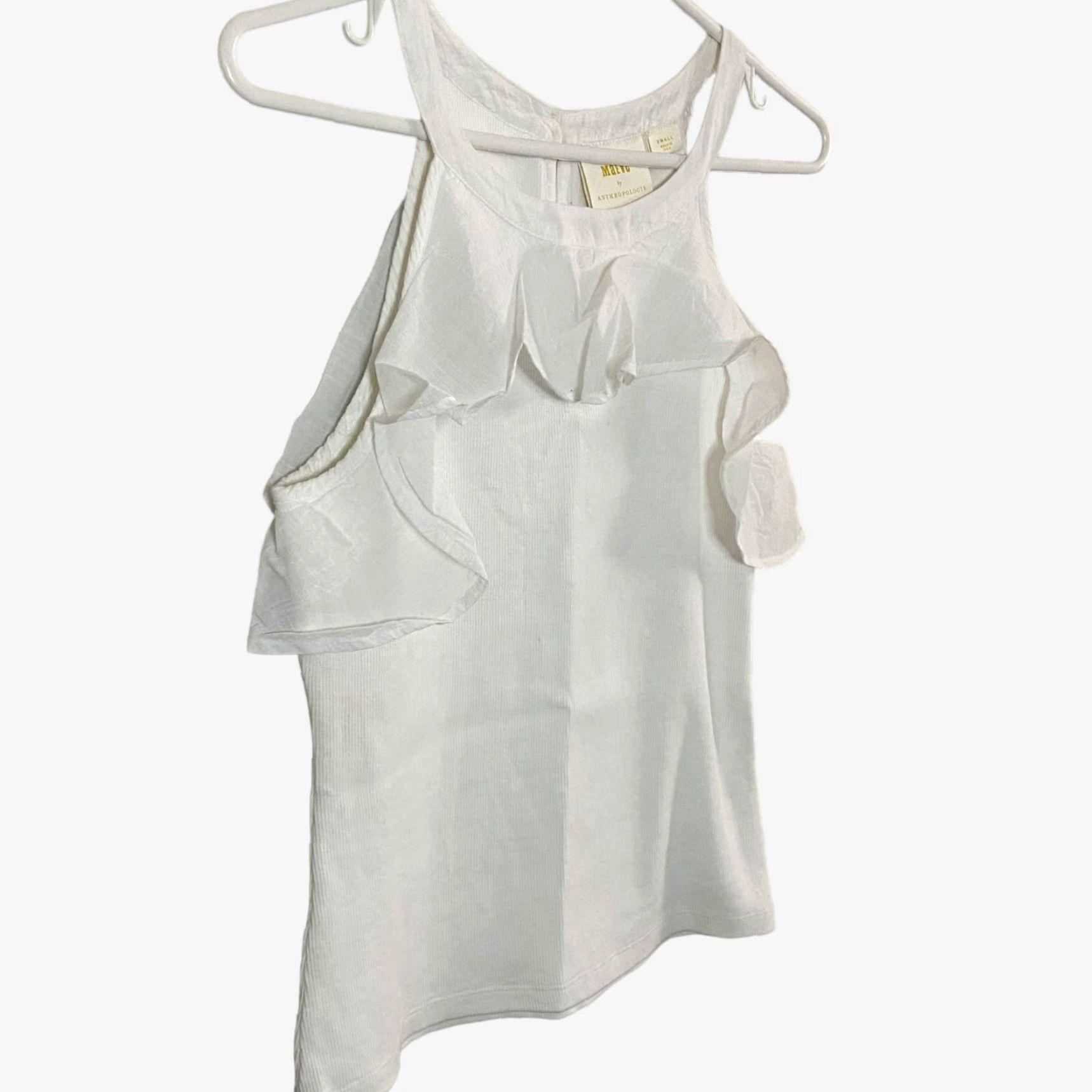 Anthropologie VINTAGE Maeve Anthropologie Women's Tank Top Sleeveless Ruffle Halter Cotton Blend Small White Blouse Size S / US 4 / IT 40 - 4 Thumbnail