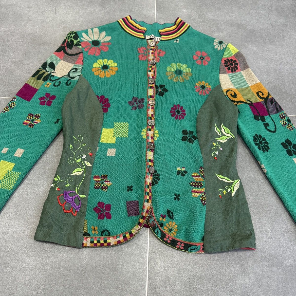 Vintage Ivko Handwritten Emotion Emerald Linen Sweater Cardigan Size XS / US 0-2 / IT 36-38 - 4 Thumbnail