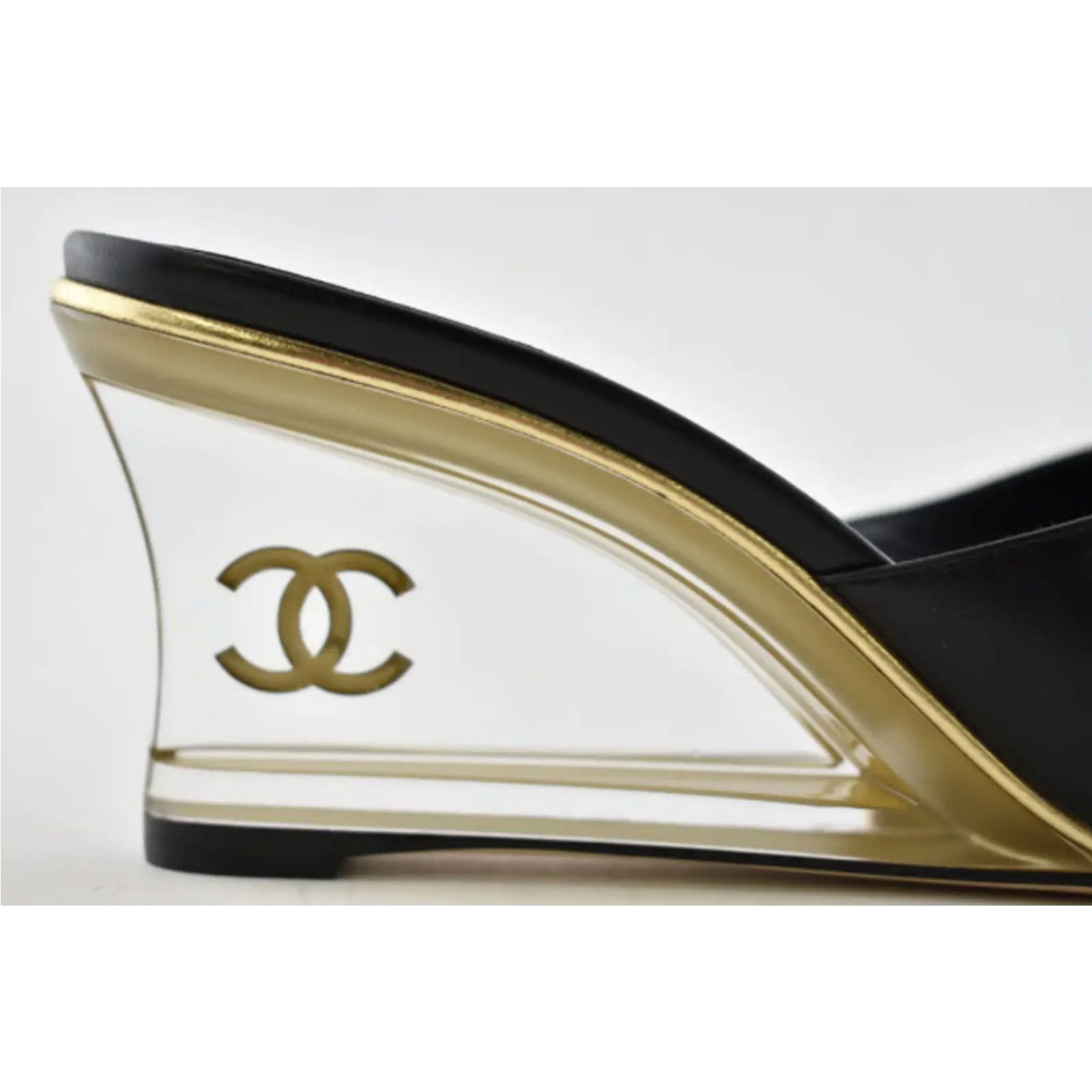 Chanel Chanel 20S Black Lambskin Clear Gold CC Mules Slide Size US 5.5 / IT 35.5 - 3 Thumbnail