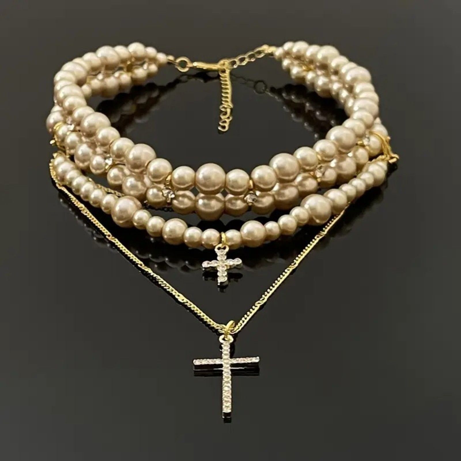 Other Vintage Pearl Layered Choker & Gold Cross Pendant Necklace Size ONE SIZE - 1 Thumbnail