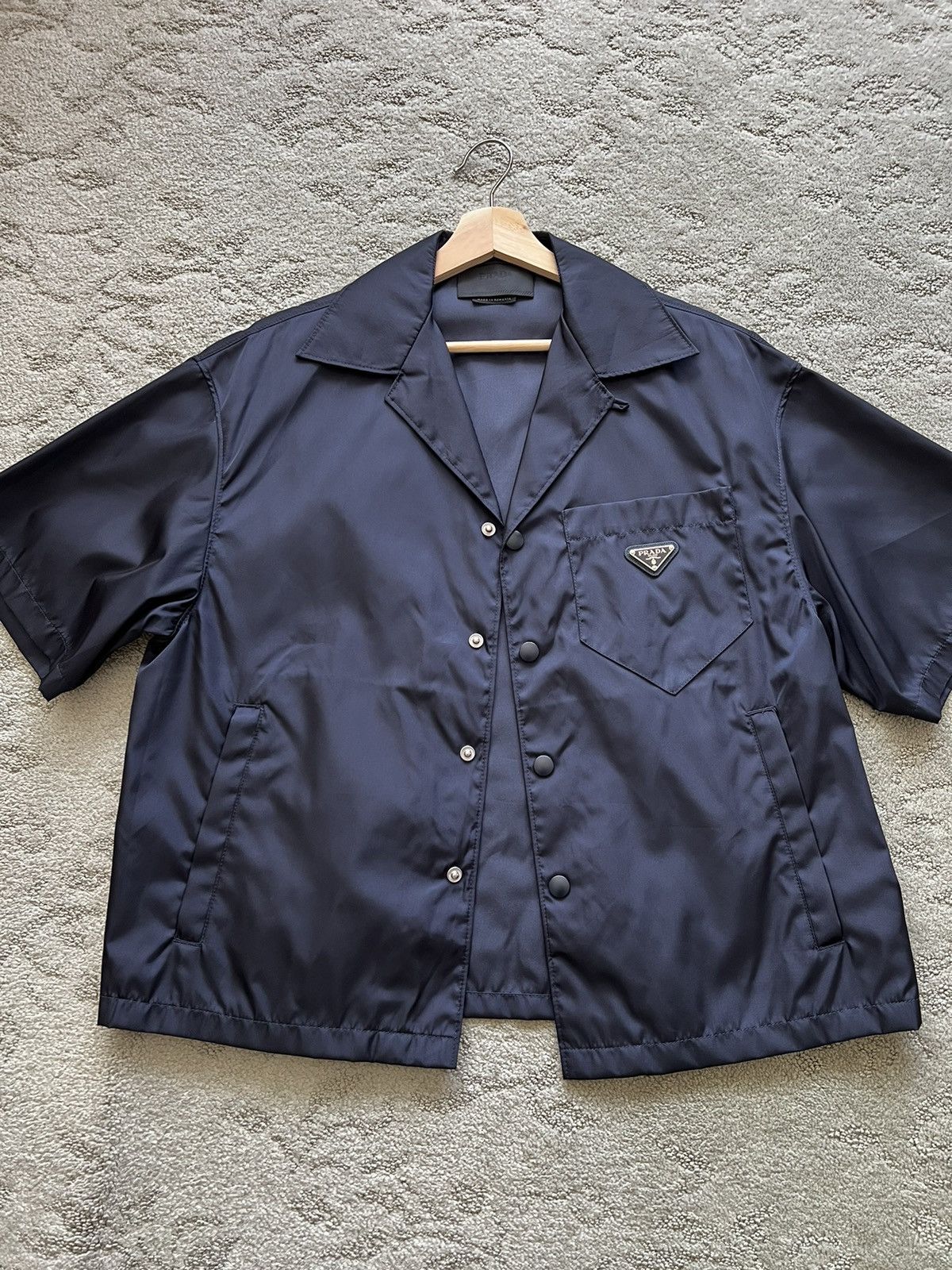 image of Prada Navy Blue Re-Nylon Short Sleeve Bowling Shirt, Men's (Size XS)