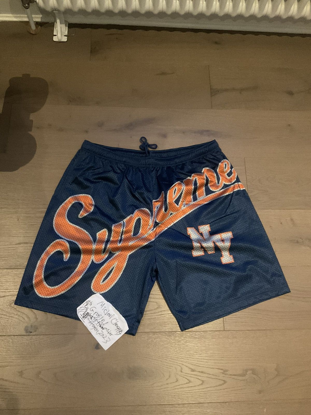 Image of Supreme Big Script Mesh Shorts Navy, Men's (Size 38)