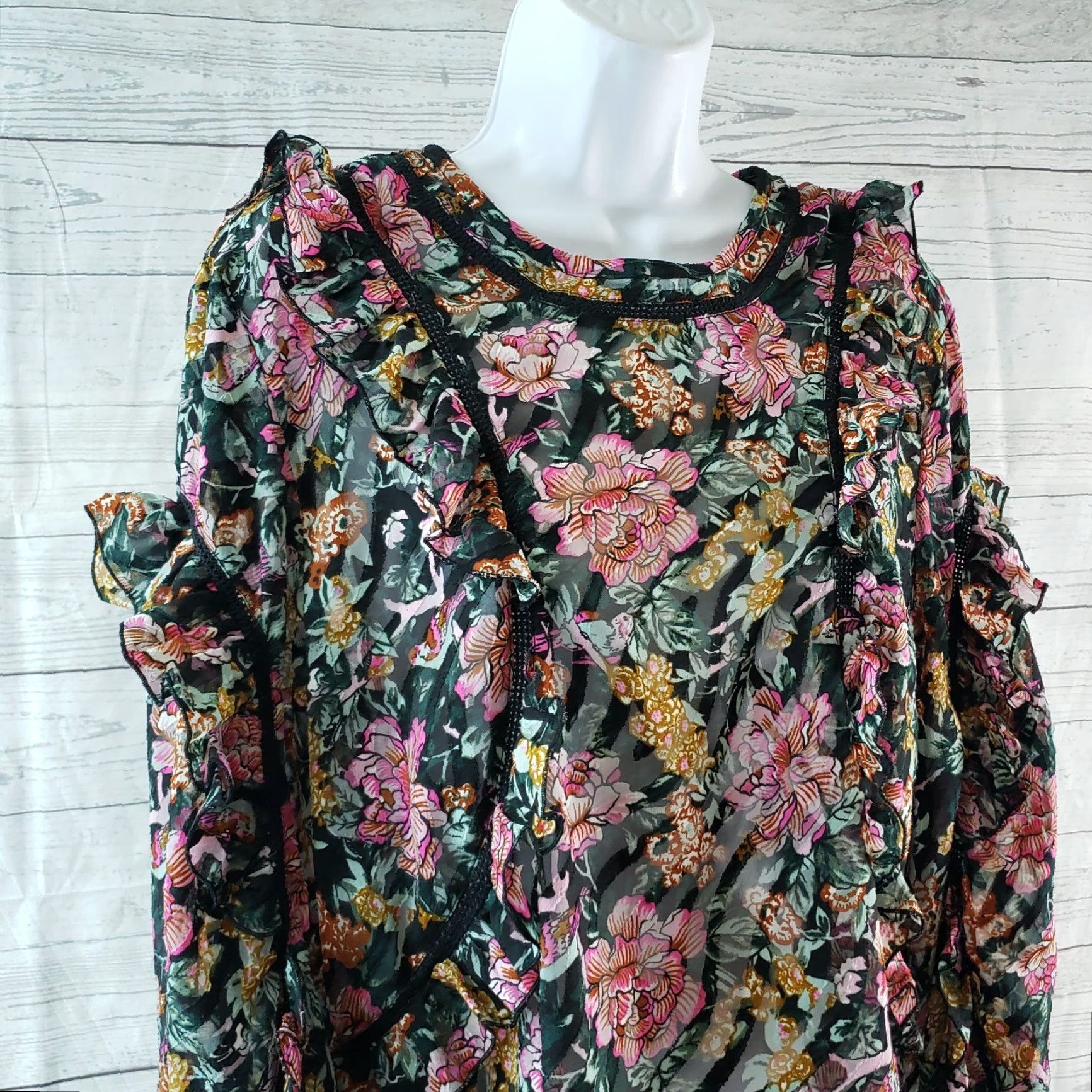 Topshop Topshop Womens Blouse Size 12 Pink Green Floral Ruffle Sheer Long Sleeve Shirt Womens Size XL / US 12-14 / IT 48-50 - 2 Thumbnail