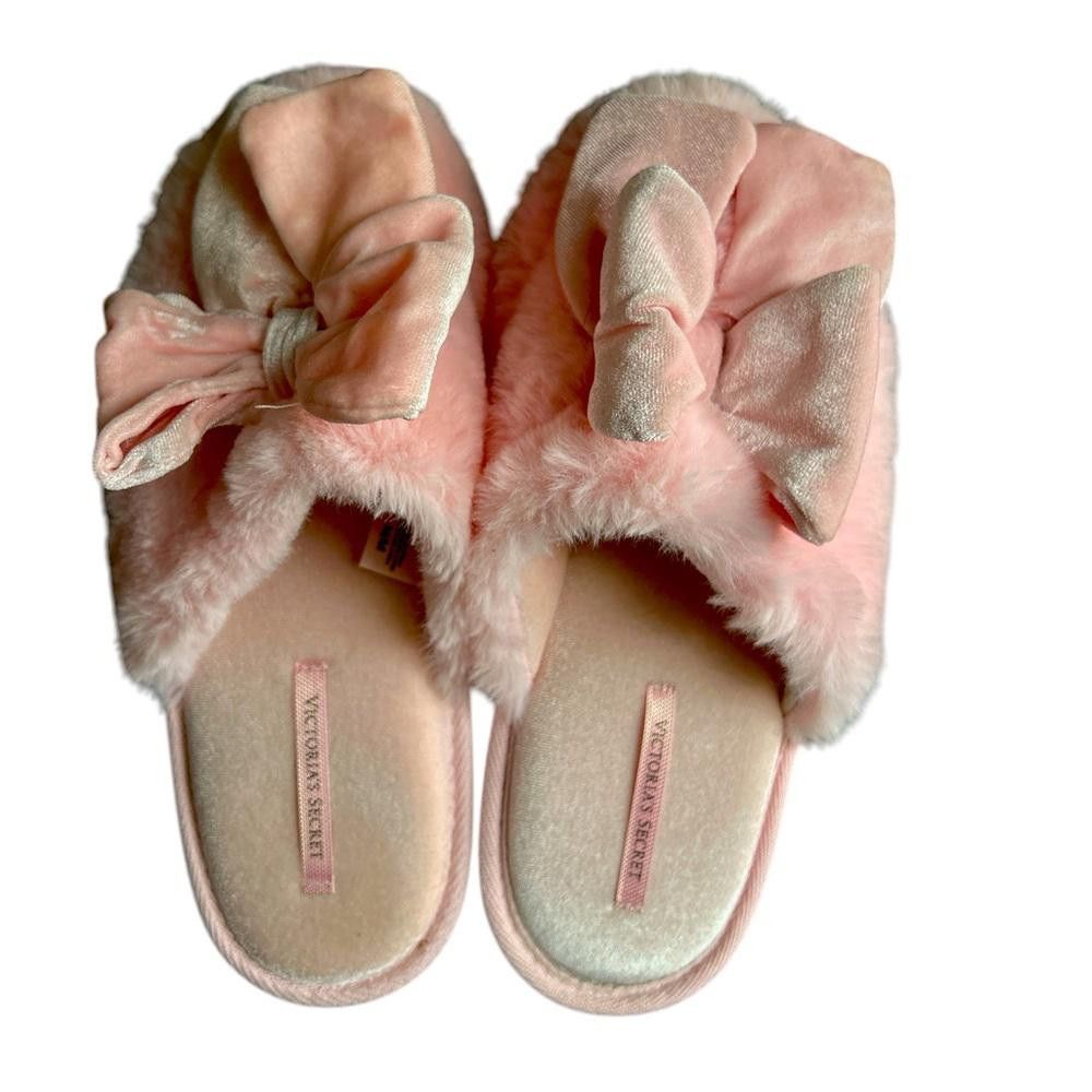 Designer Pink Victoria's Secret Fuzzy Slippers with Bows Size US 8 / IT 38 - 1 Thumbnail