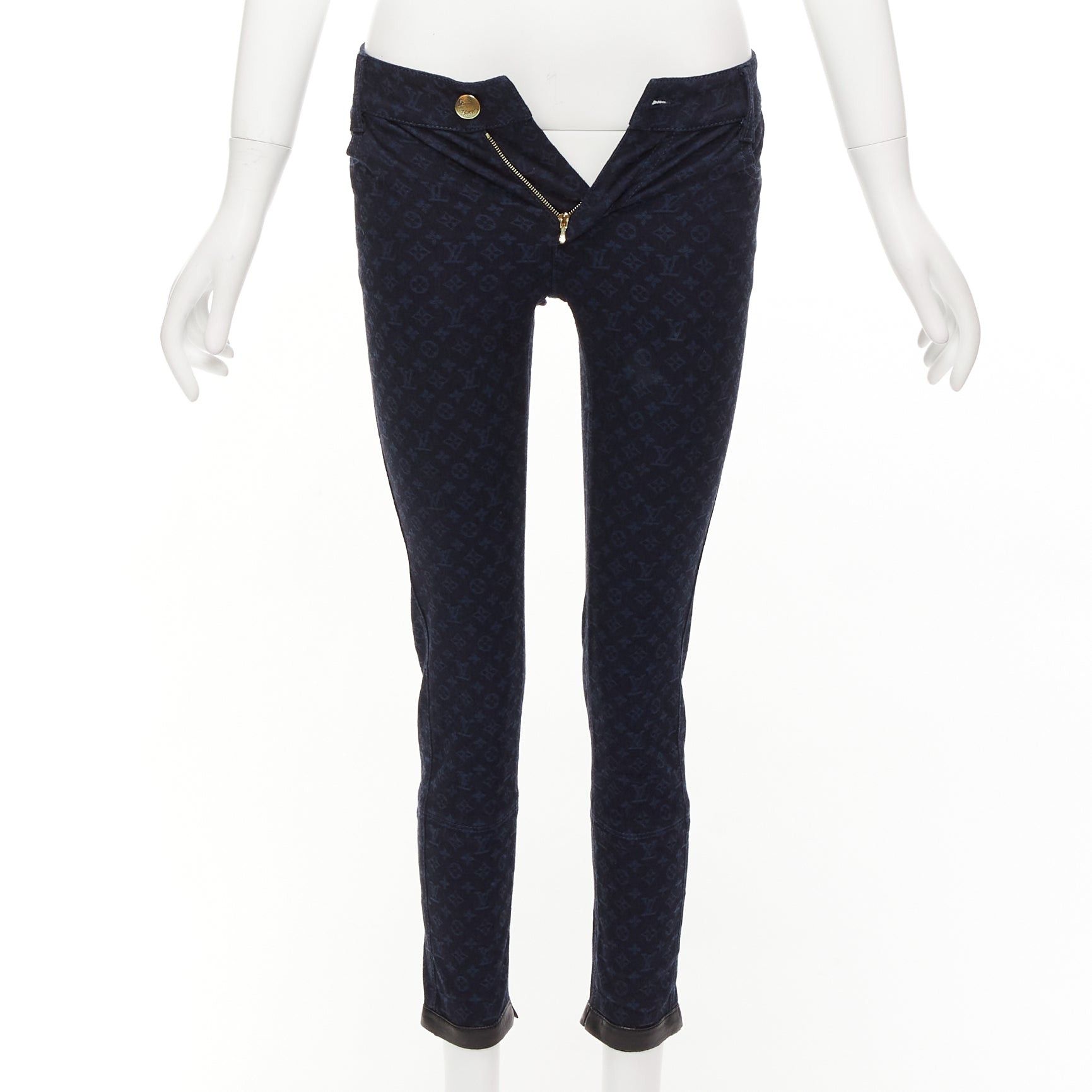 Louis Vuitton LOUIS VUITTON dark blue LV monogram black leather trim skinny jeans FR34 XS Size 26" / US 2 / IT 38 - 1 Thumbnail