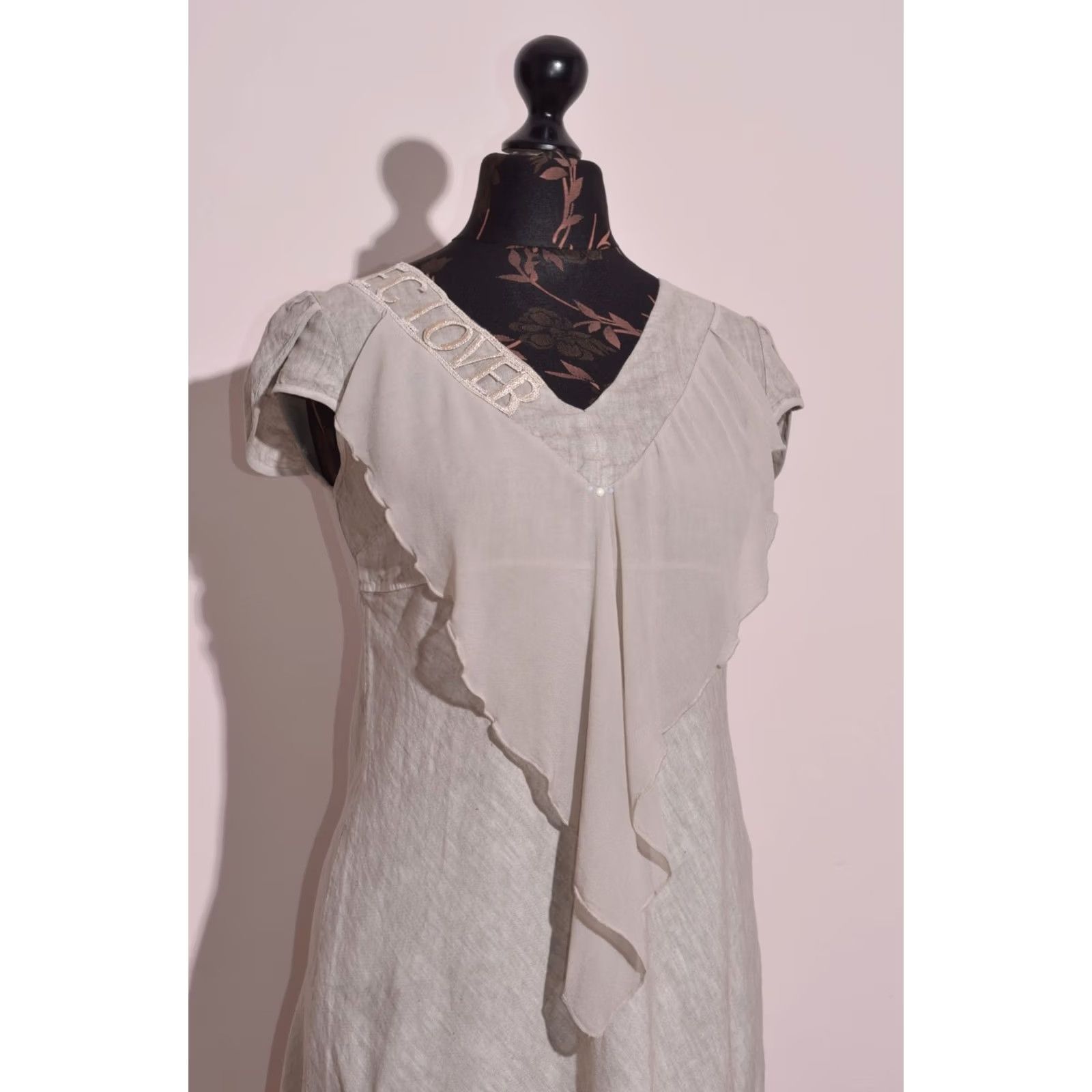 Vintage Elisa Cavaletti Women's Linen Dress Beige V-Neck Ruffles XS Knee Length Summer Casual Shift Sleeveless Vintage? No Size XS / US 0-2 / IT 36-38 - 3 Thumbnail