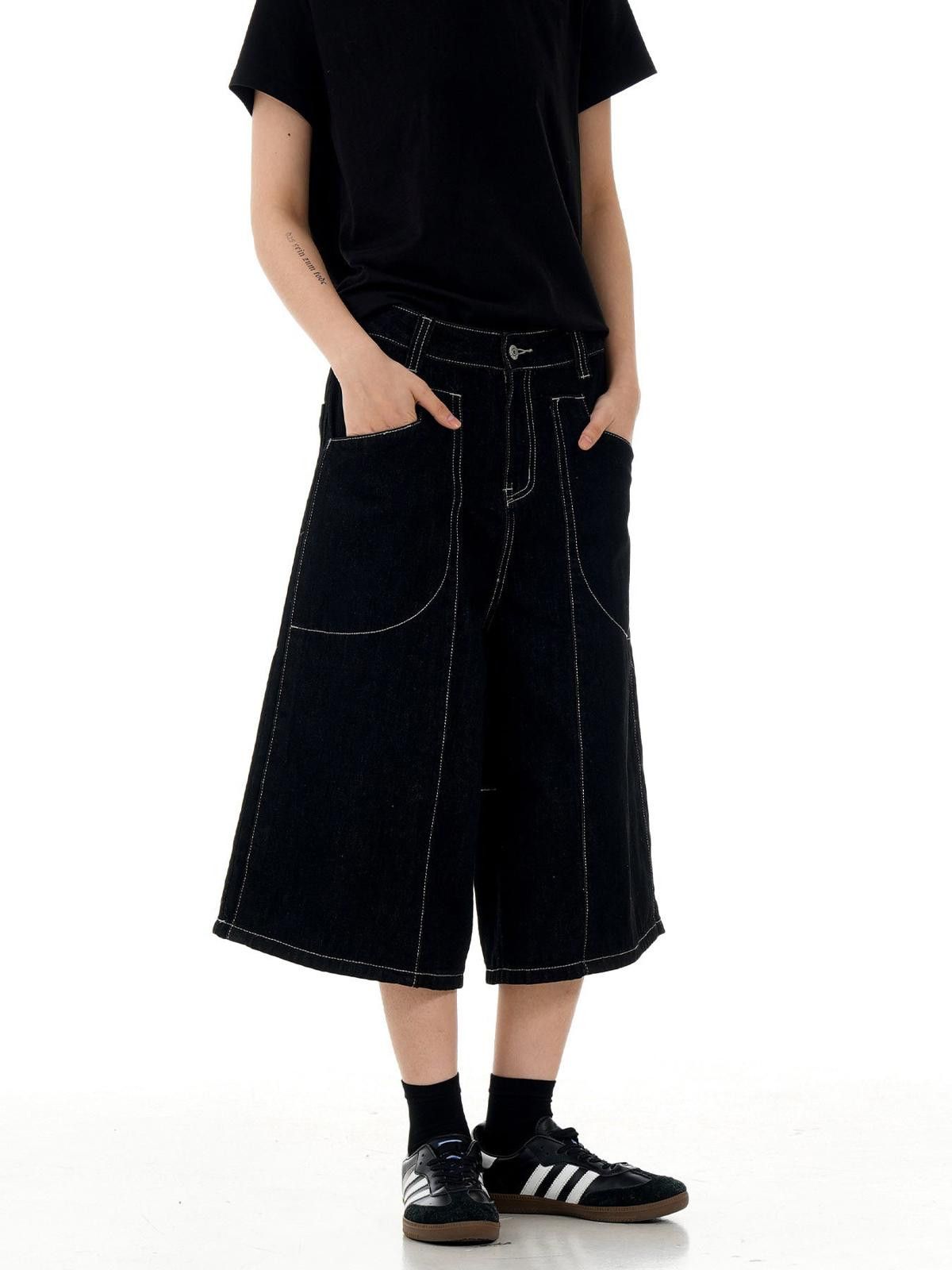 Jean Black Wide-Leg Cropped Denim Jorts | Heavy Contrast Size US 30 / EU 46 - 5 Thumbnail
