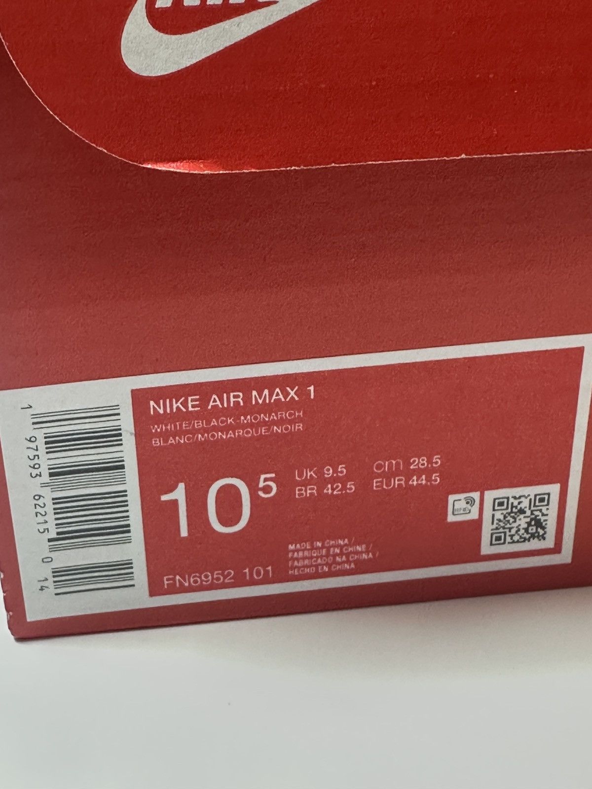Nike *New* Nike Men's Air Max 1 White Black Monarch Size 10.5 Size US 10.5 / EU 43-44 - 10 Thumbnail