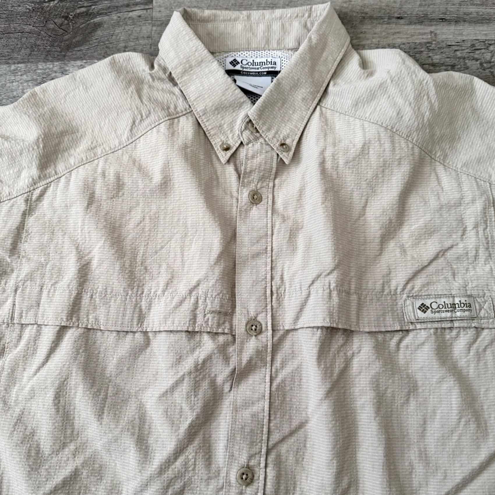 Vintage Columbia PFG Fishing Shirt Mens XL Tan Striped Short Sleeve Vented Light Poly Size US XL / EU 56 / 4 - 6 Thumbnail