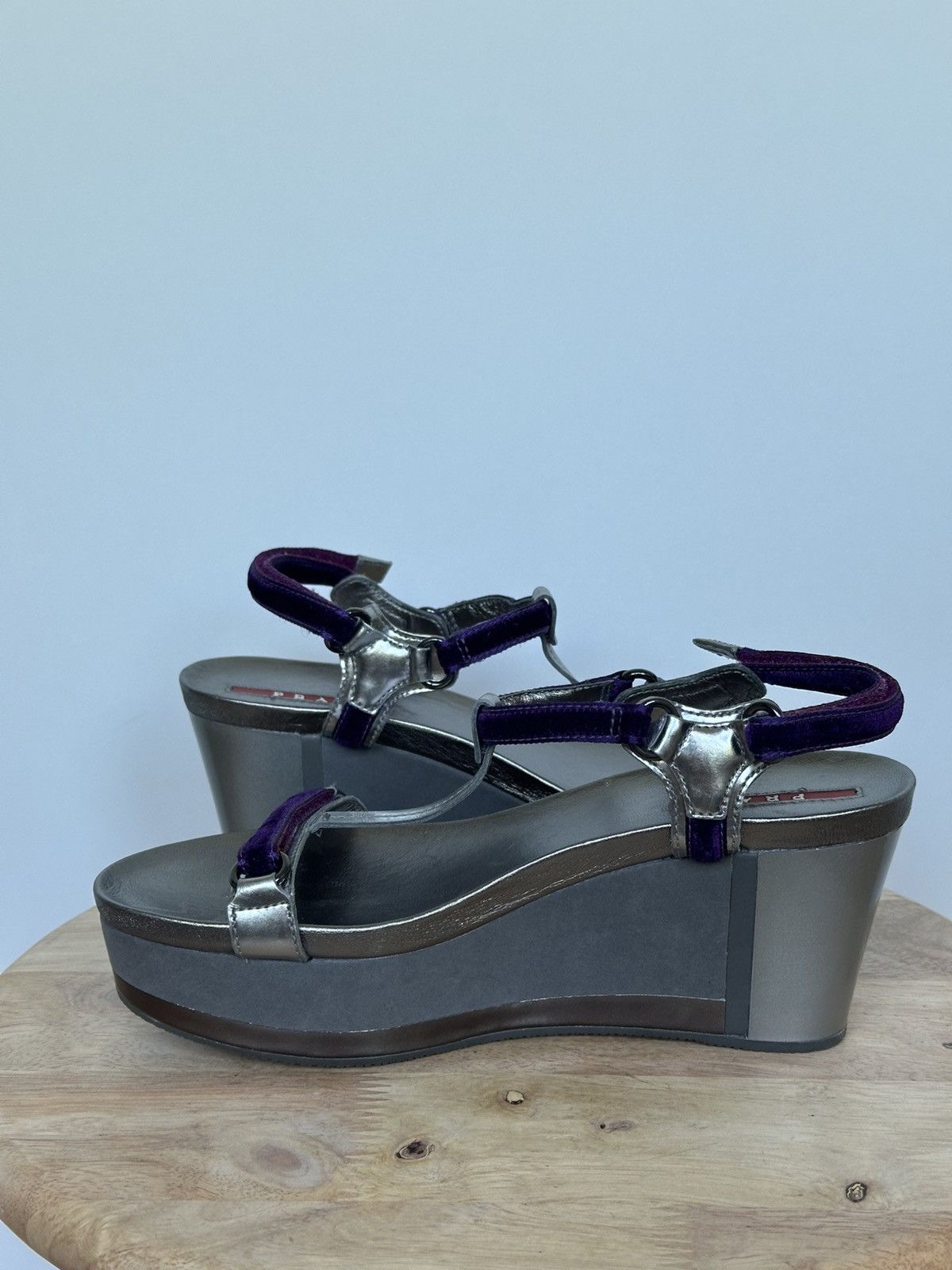 Prada Prada wedge sandals leather velvet grey / purple with box Size US 6 / IT 36 - 7 Thumbnail
