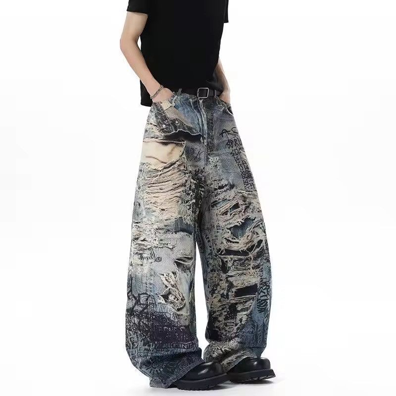 Japanese Brand Printed Distressed Denim Pants Wide-Leg, Graffiti Streetwear Size US 26 / EU 42 - 6 Thumbnail