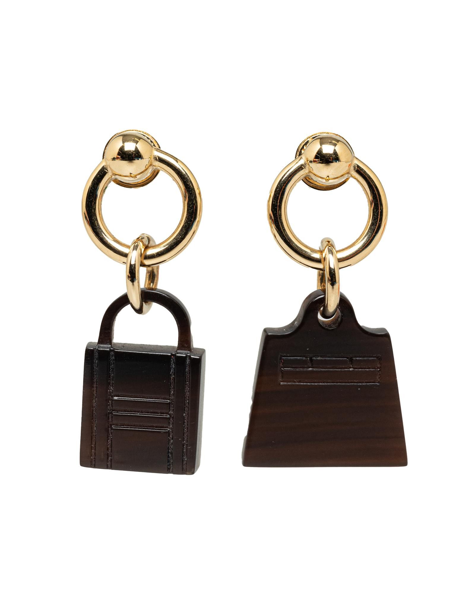 image of Hermes Buffalo Horn Gold-Tone Earrings With Push Back Closure in Brown, Women's