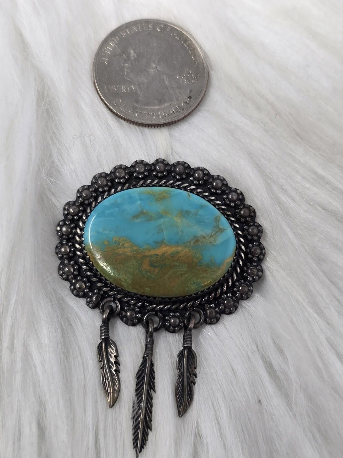 Other Native American 925 Silver Turquoise Feather Pin Pendant Size ONE SIZE - 6 Thumbnail