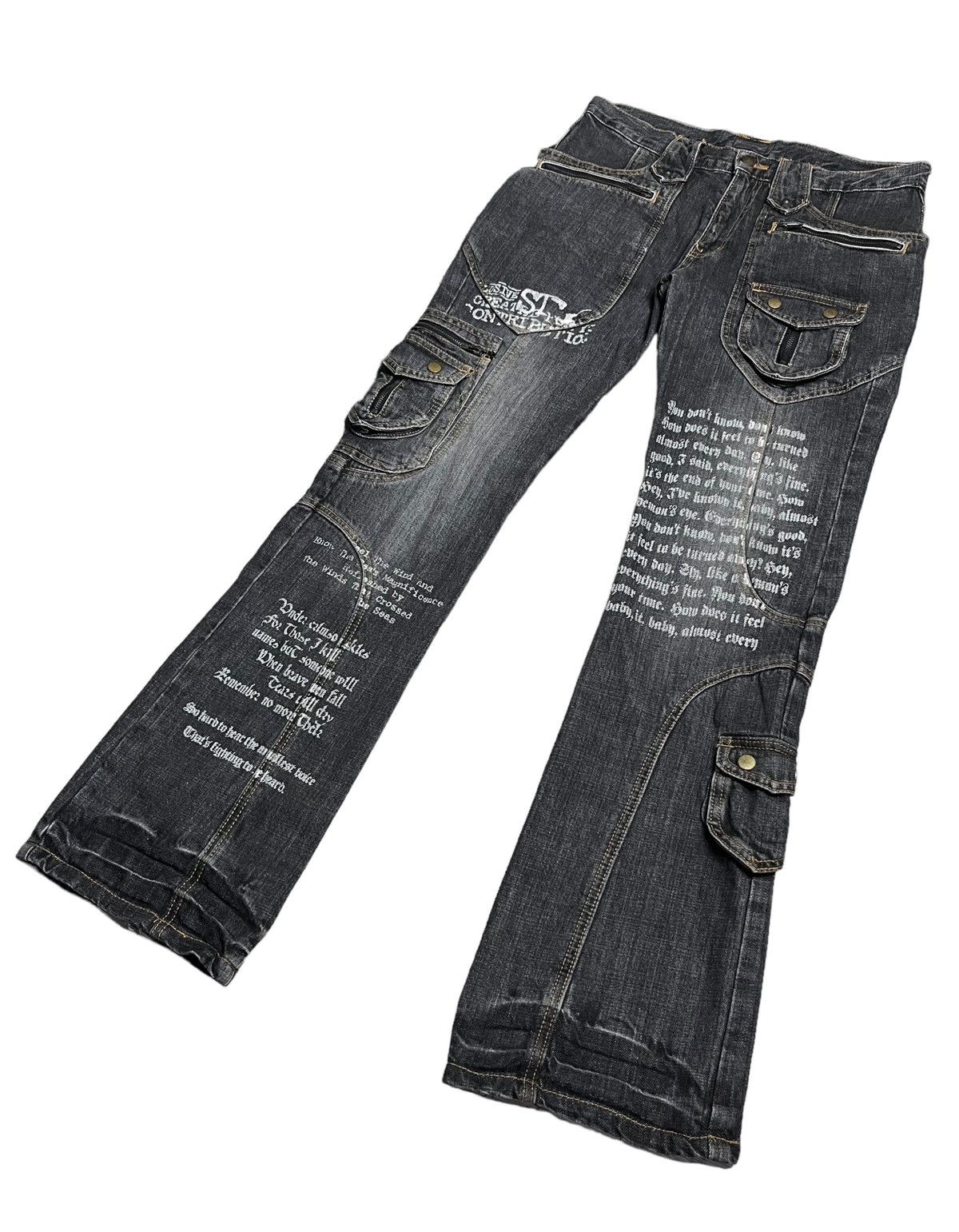 If Six Was Nine 🔥EVOLUTION Retro Punk Poems Multipocket Flare Denim Jeans Size US 31 - 4 Thumbnail