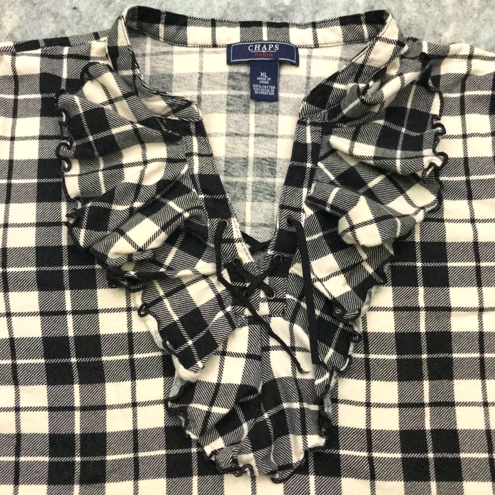 Chaps VINTAGE Chaps Shirt Adult XL Gray Plaid Long Sleeve V-Neck Ruffle Lace Blouse Womens Size XL / US 12-14 / IT 48-50 - 3 Thumbnail