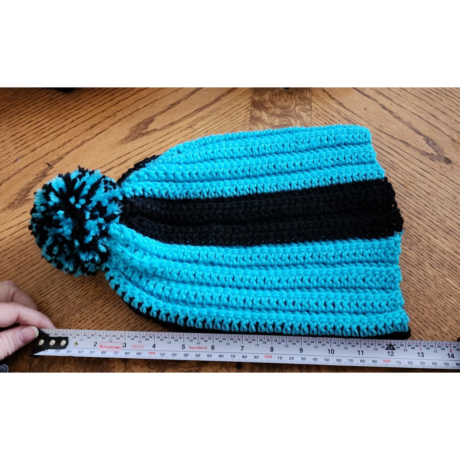 Handmade Handcrafted crocheted blue and black winter beanie. Size ONE SIZE - 2 Thumbnail