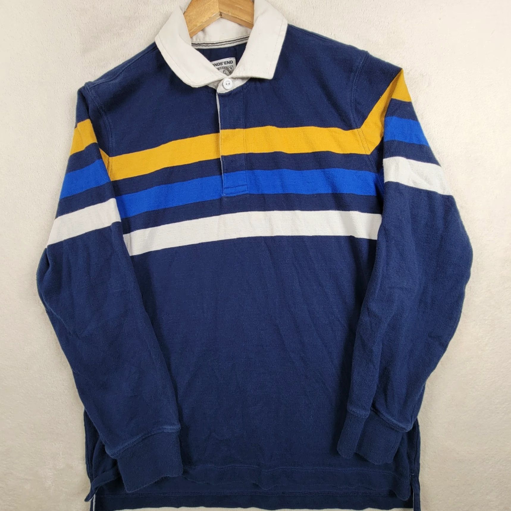 Lands' End Lands' End Rugby Long Sleeve Shirt Mens M Navy Stripe 100% Cotton Preppy Knit Collared Button Polo Size US M / EU 48-50 / 2 - 2 Thumbnail