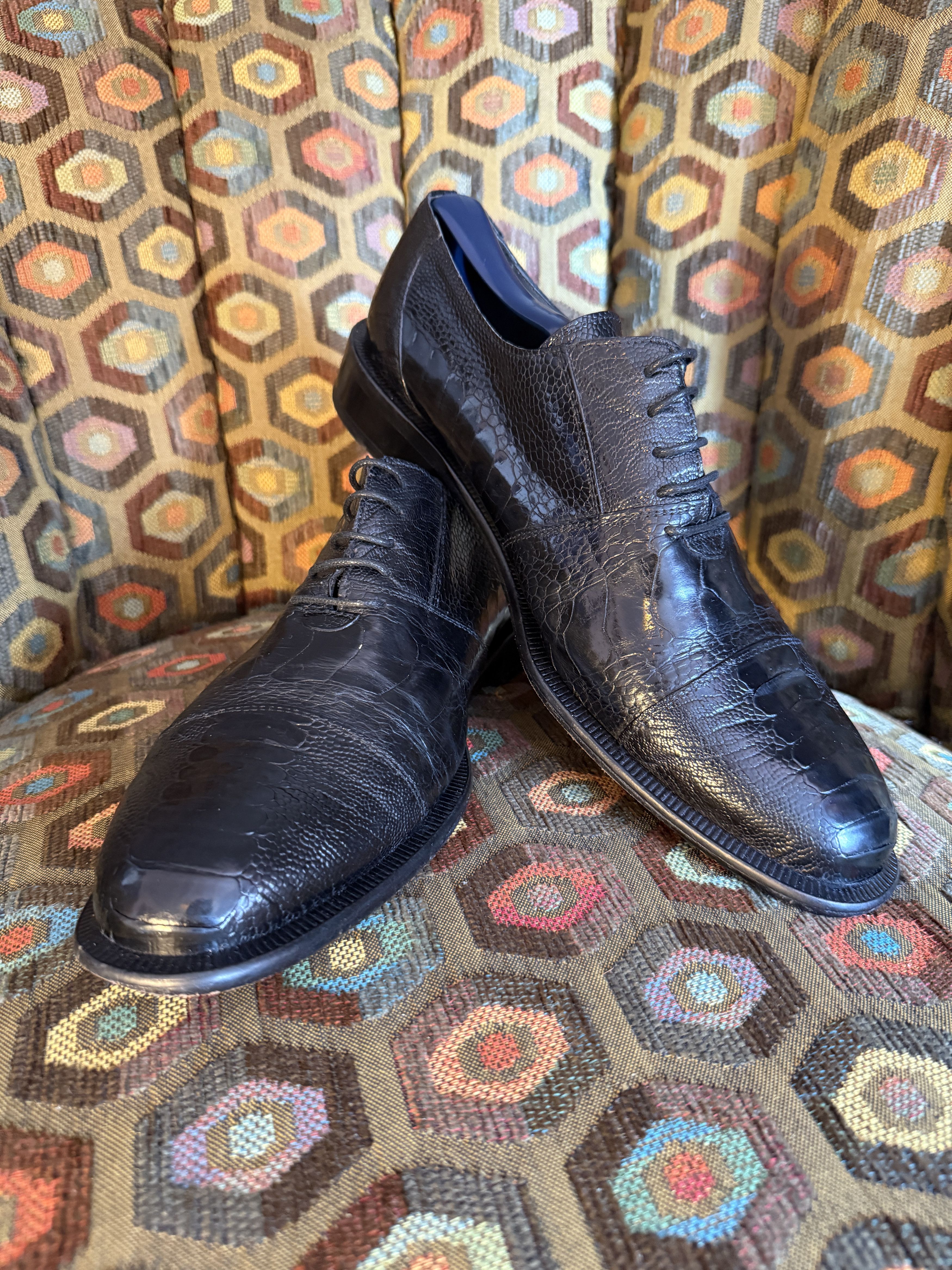 David Eden SALOMON ostrich leg cap-toe oxfords in black+box, bag, trees Size US 9.5 / EU 42-43 - 1 Thumbnail