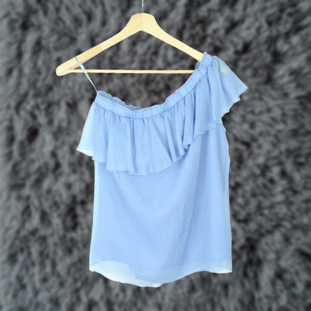 Pinko Pinko Blouse Women Sleeveless Off Shoulder Elastic Ruffle Blue UK 12 Shirt Casual Comfortable Regular Blue Wool Not Specified Size XL / US 12-14 / IT 48-50 - 1 Thumbnail