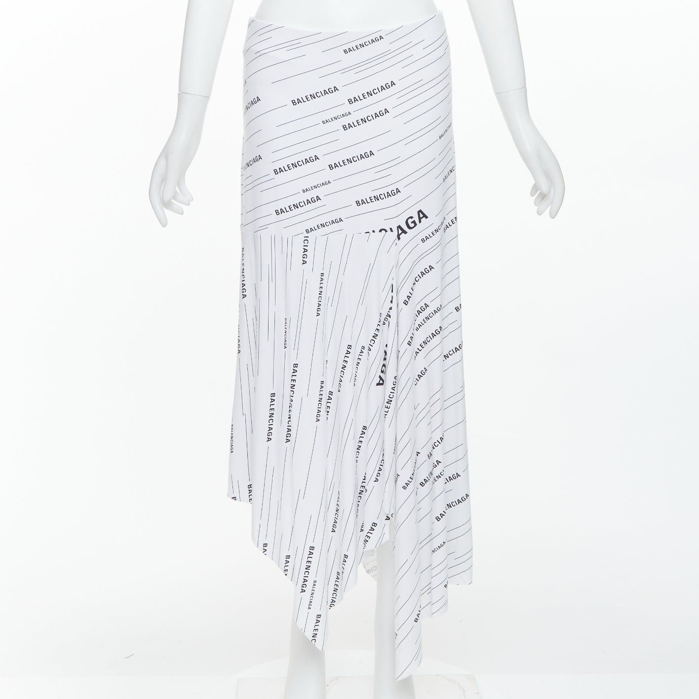 Balenciaga BALENCIAGA Demna 2018 white black logo print asymmetric midi skirt FR38 M Size 28" / US 6 / IT 42 - 1 Thumbnail