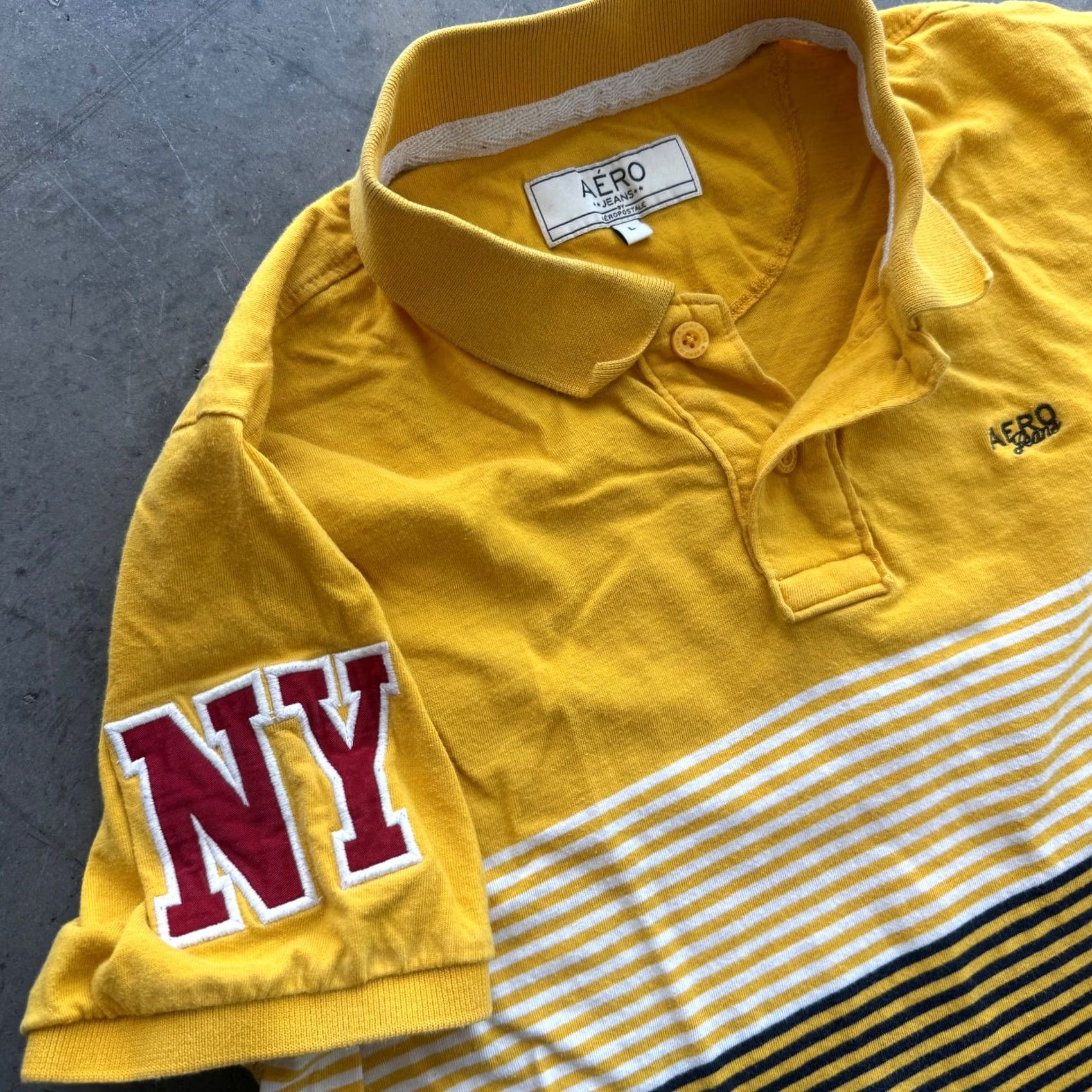 Aeropostale VINTAGE Aeropostale Aero Jeans Polo Patchwork Striped Yellow Blue M/L Shirt Mens Yellow Size US L / EU 52-54 / 3 - 3 Thumbnail