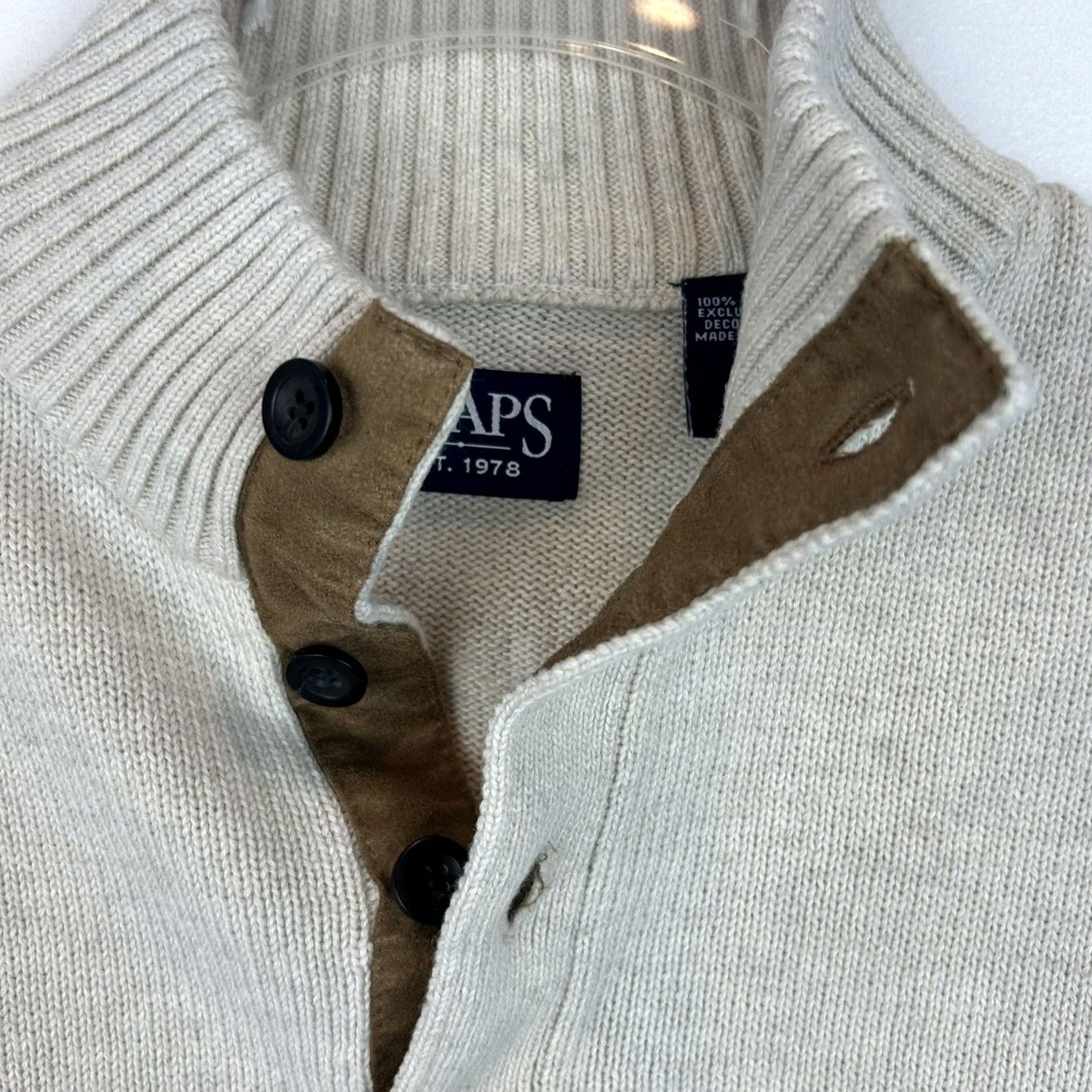 Chaps Chaps Sweater Mens L Ivory Quarter Button Knit Cotton Brown Elbow Patch Read Size US L / EU 52-54 / 3 - 7 Thumbnail