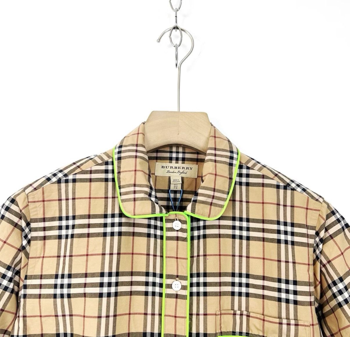 Burberry Burberry Check Fluorescent Green Trim Short Sleeve Shirt K12 Size US S / EU 44-46 / 1 - 3 Thumbnail