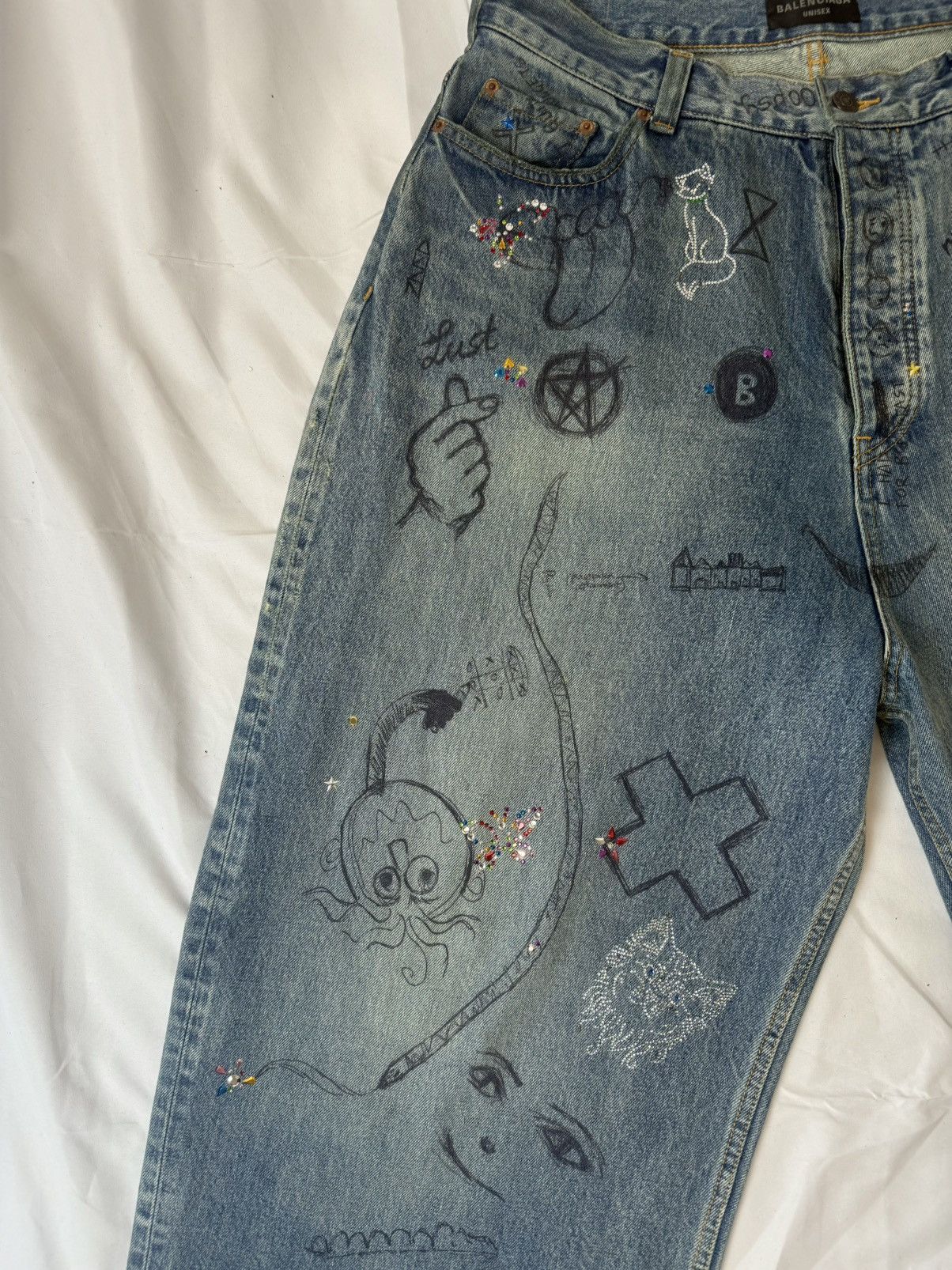 Balenciaga Wide-leg diamond graffiti jeans Size US 32 / EU 48 - 12 Thumbnail