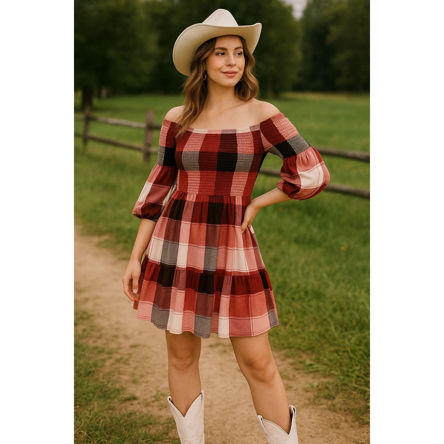 Other 205 Collins Red Plaid Smocked Off Shoulder Flare Mini Dress Size S / US 4 / IT 40 - 1 Thumbnail