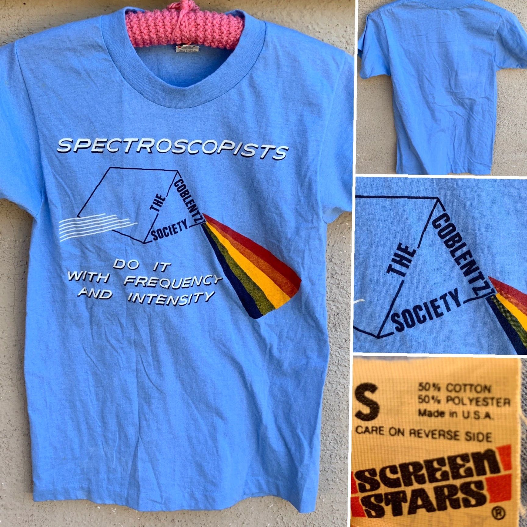 Vintage VINTAGE Spectroscopists Do It With Frequency Coblentz Society T-Shirt Rainbow S Shirt Unisex Small Blue 1980s Graphic Tee Mens Womens Boys Girls Size US S / EU 44-46 / 1 - 4 Thumbnail