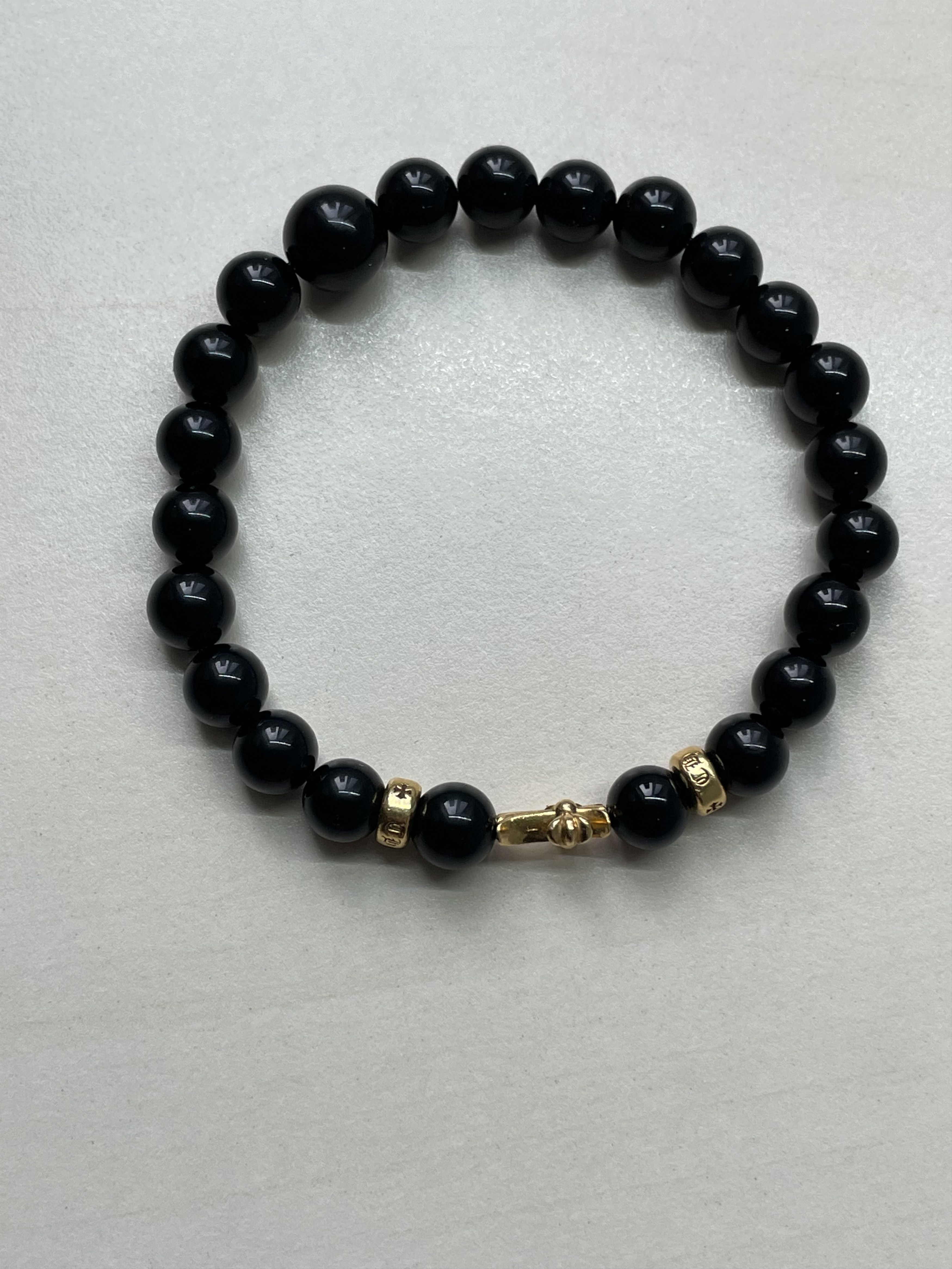アクセサリー Chrome Hearts Obsidian bracelet Chrome Hearts 12mm Beaded Obsidian Silver Bracelet - SRM