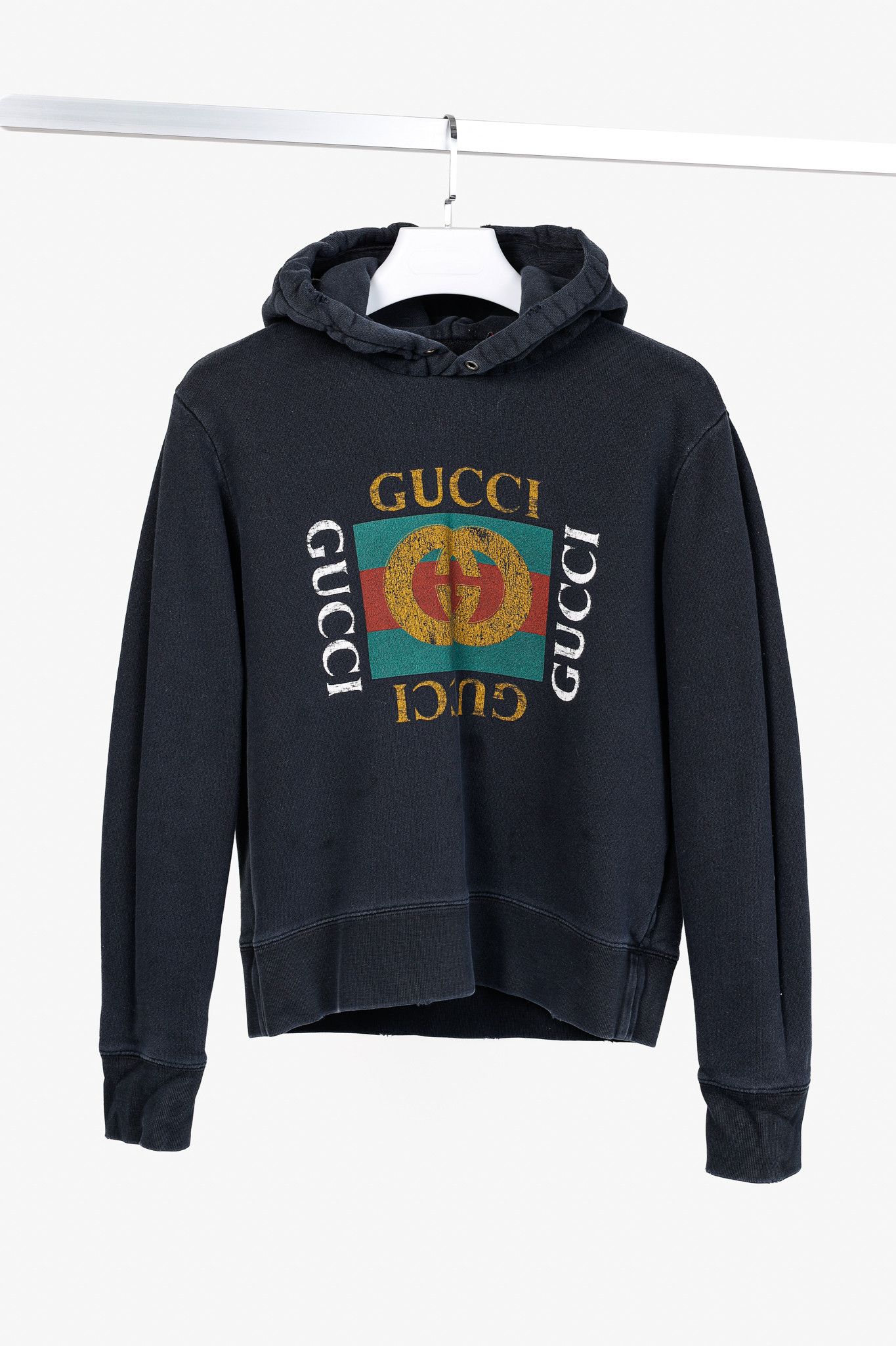 Gucci Gucci Black Distressed-Effect Logo-Print Cotton Hoodie Size US XS / EU 42 / 0 - 1 Thumbnail