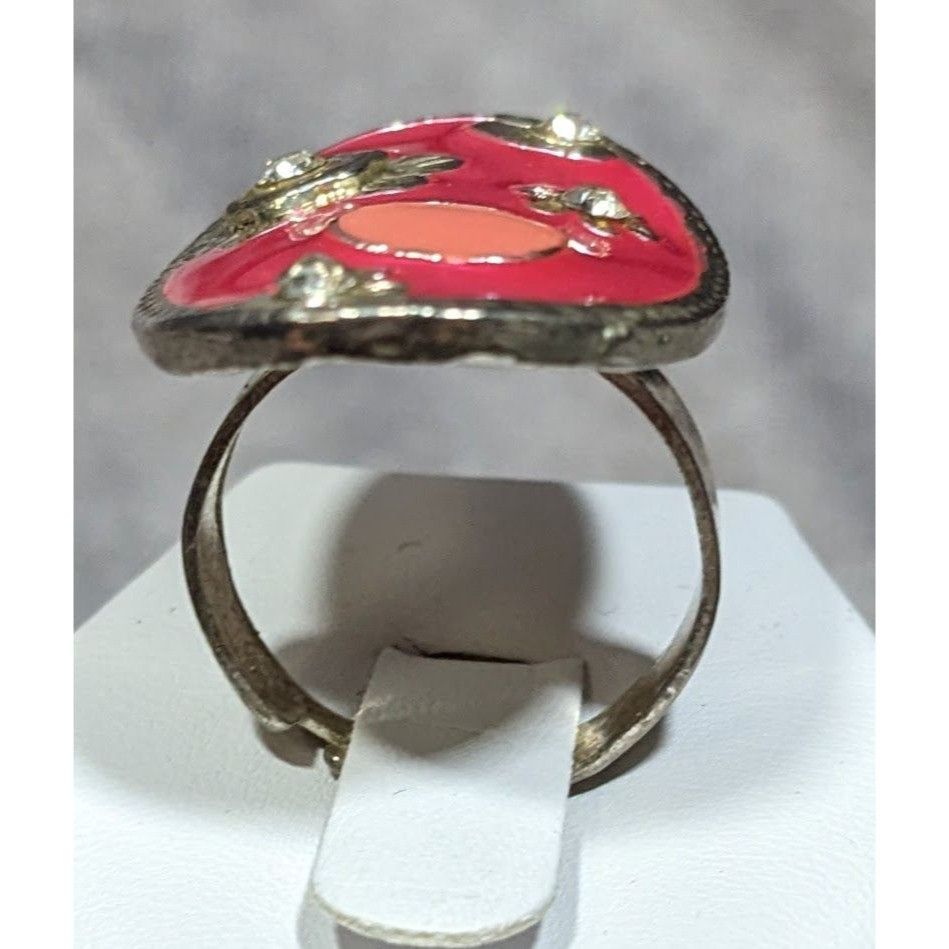 Other Retro Floral Pink Enamel And Silver Tone Oval Ring Size ONE SIZE - 8 Thumbnail