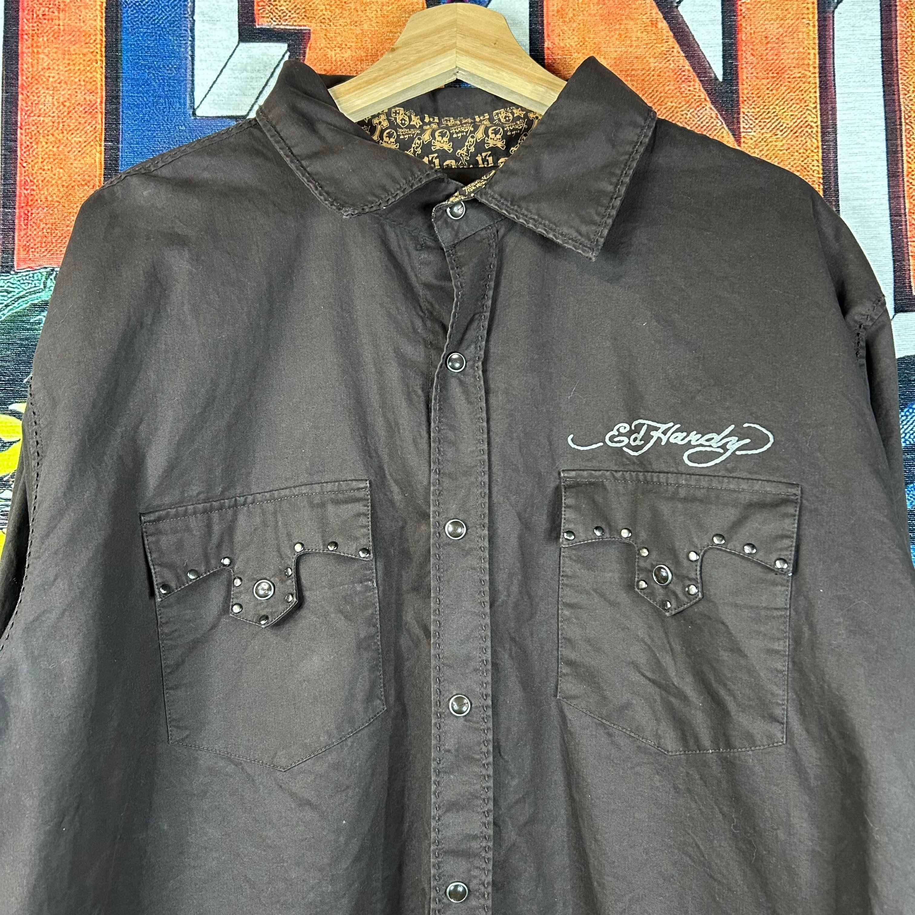 Ed Hardy × Vintage Ed Hardy Christian Audigier Brown Pearl Snap Shirt Size 2XL Size US XXL / EU 58 / 5 - 4 Thumbnail
