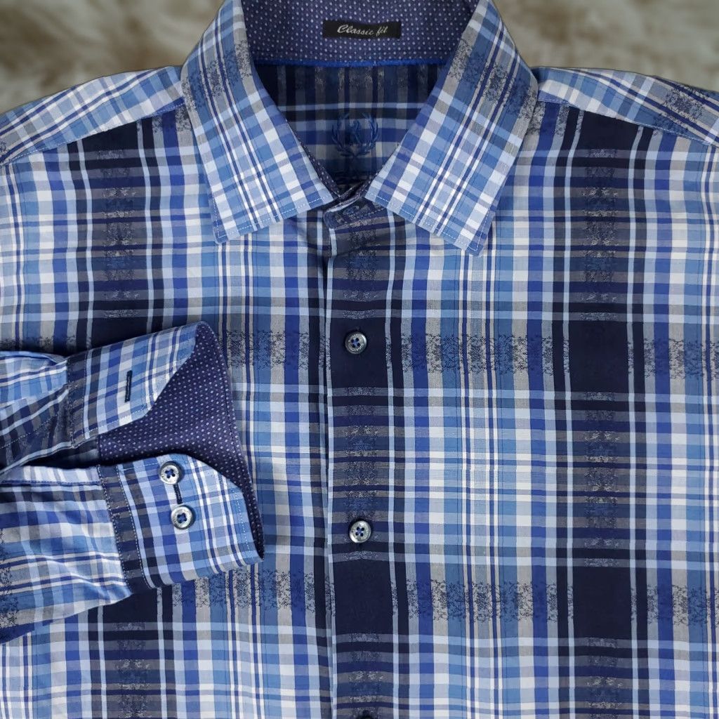 BUGATCHI Bugatchi Mens Shirt Blue Plaid Button-Up Long Sleeve Large Size US L / EU 52-54 / 3 - 1 Thumbnail